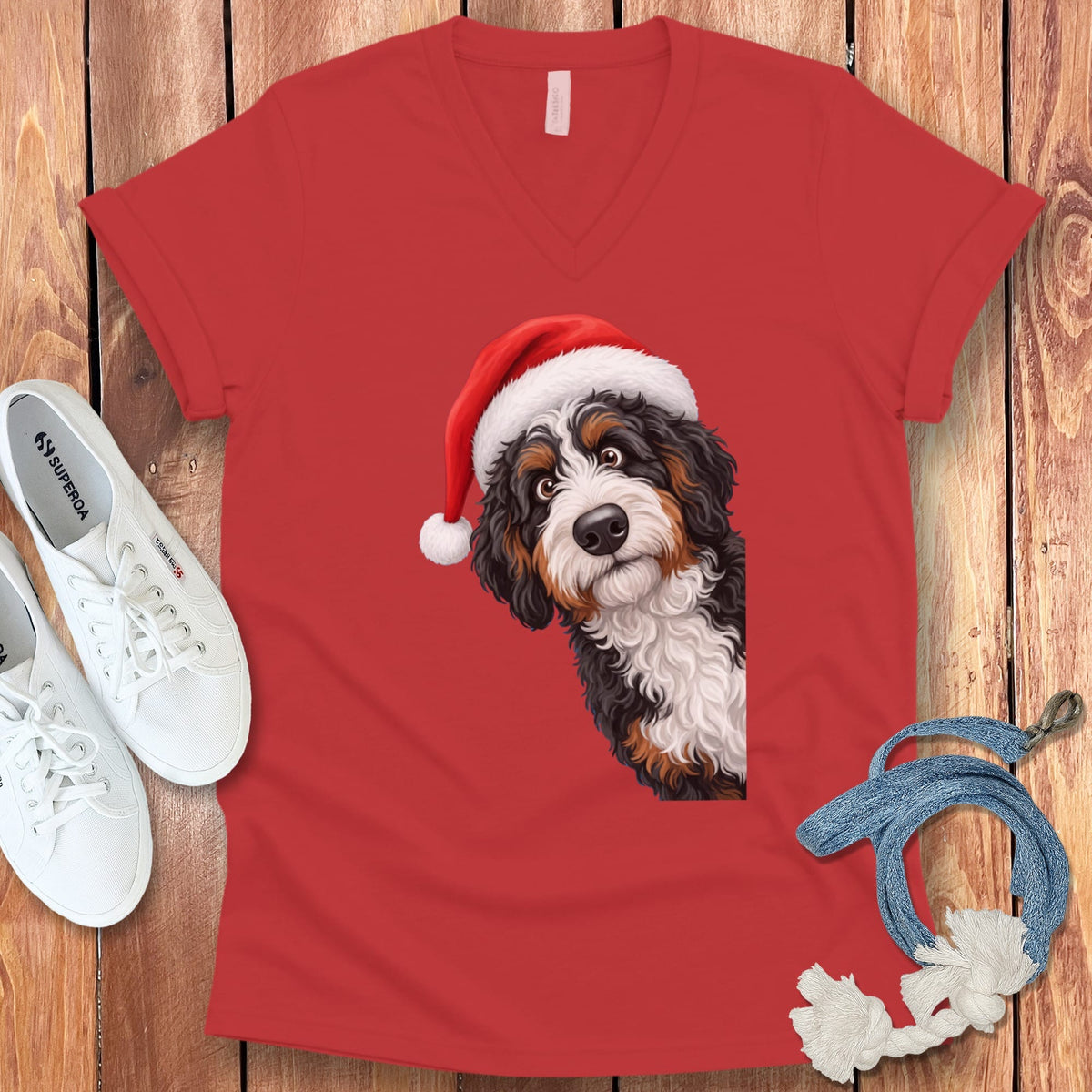 Bernedoodle Holiday Santa V-Neck T-Shirt in Red / S by Puppy Jo