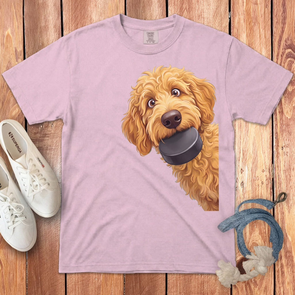Golden Goldendoodle Hockey Puck Signature T-Shirt in Blossom / S by Puppy Jo
