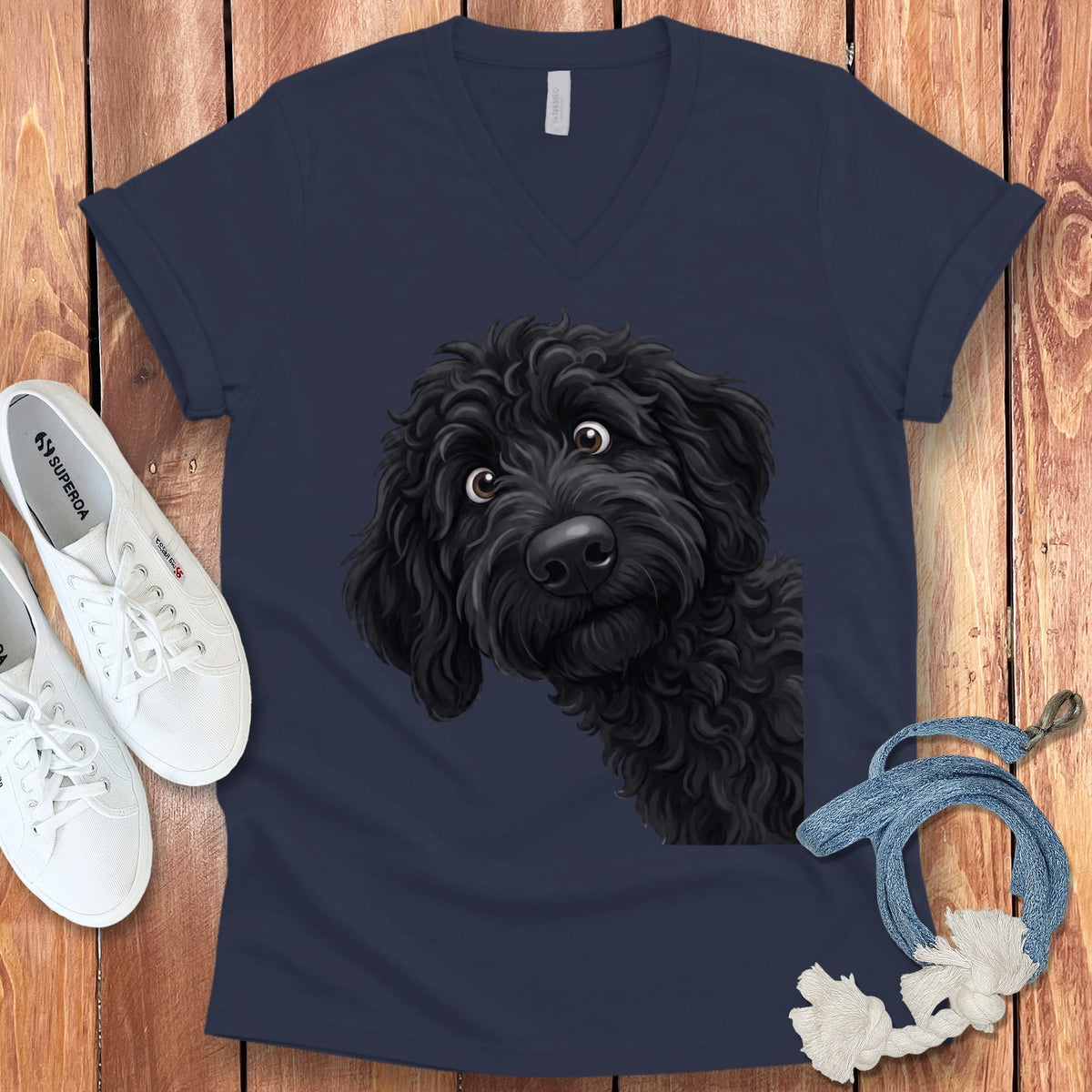 Funny Peeking Black Goldendoodle V-Neck T-Shirt in Navy / S by Puppy Jo
