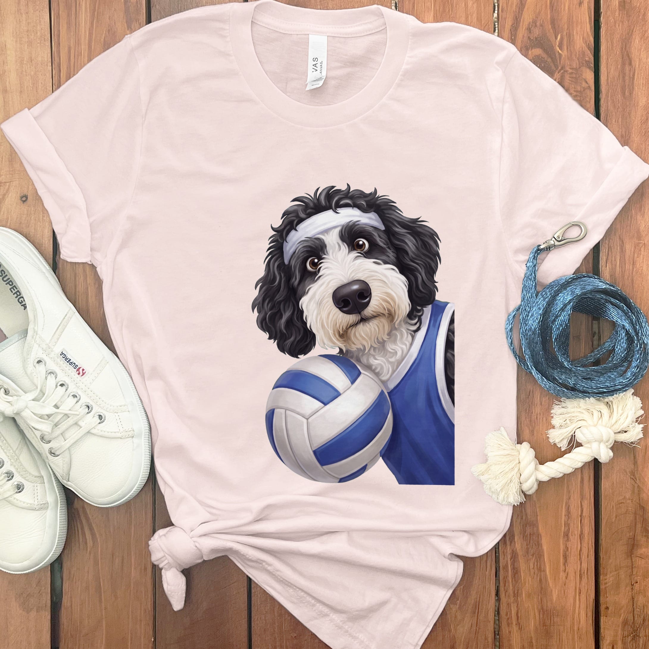 Sheepadoodle Volleyballl Player T-Shirt in Soft Pink / S by Puppy Jo