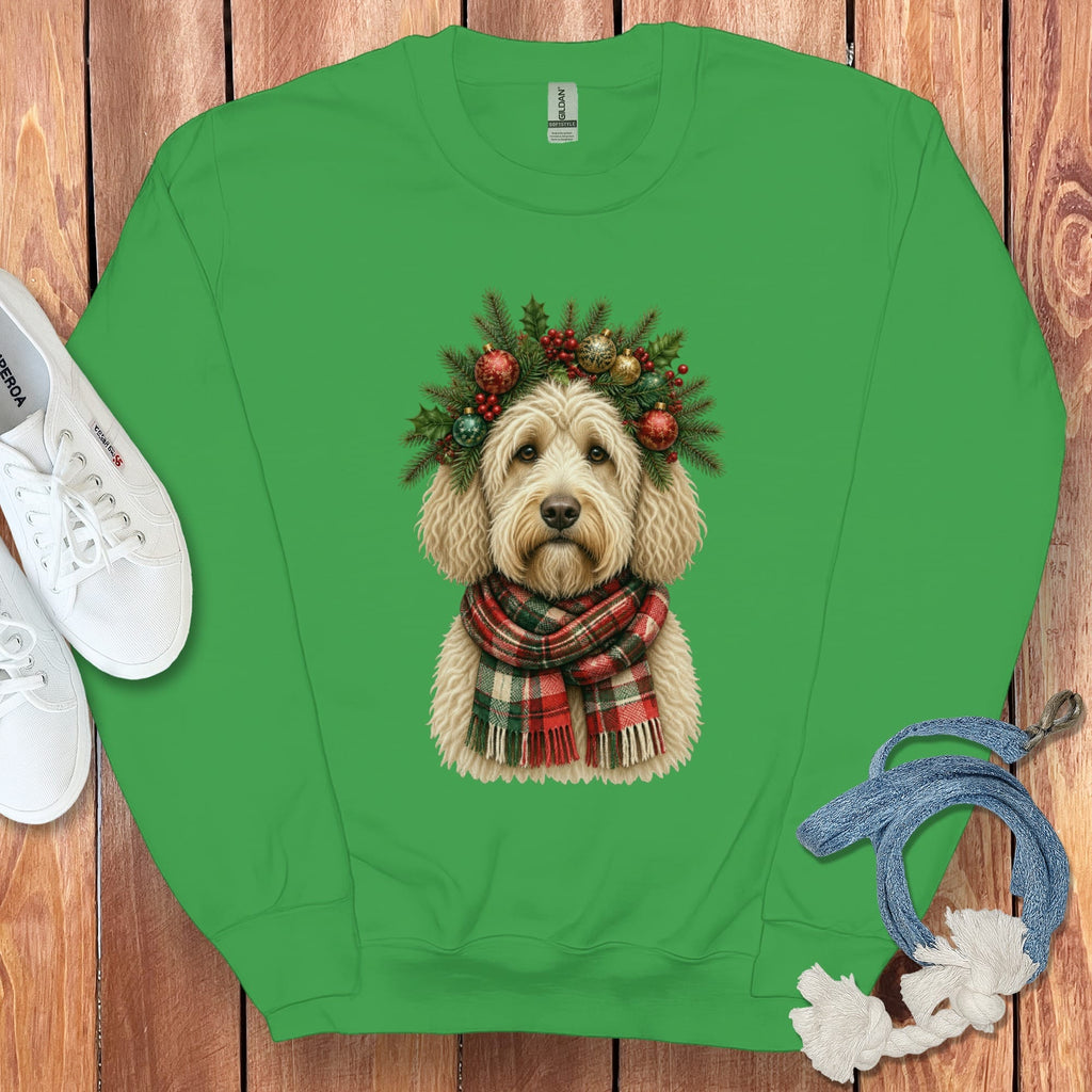 Cream Goldendoodle Holiday Crown Sweatshirt in Irish Green / S by Puppy Jo
