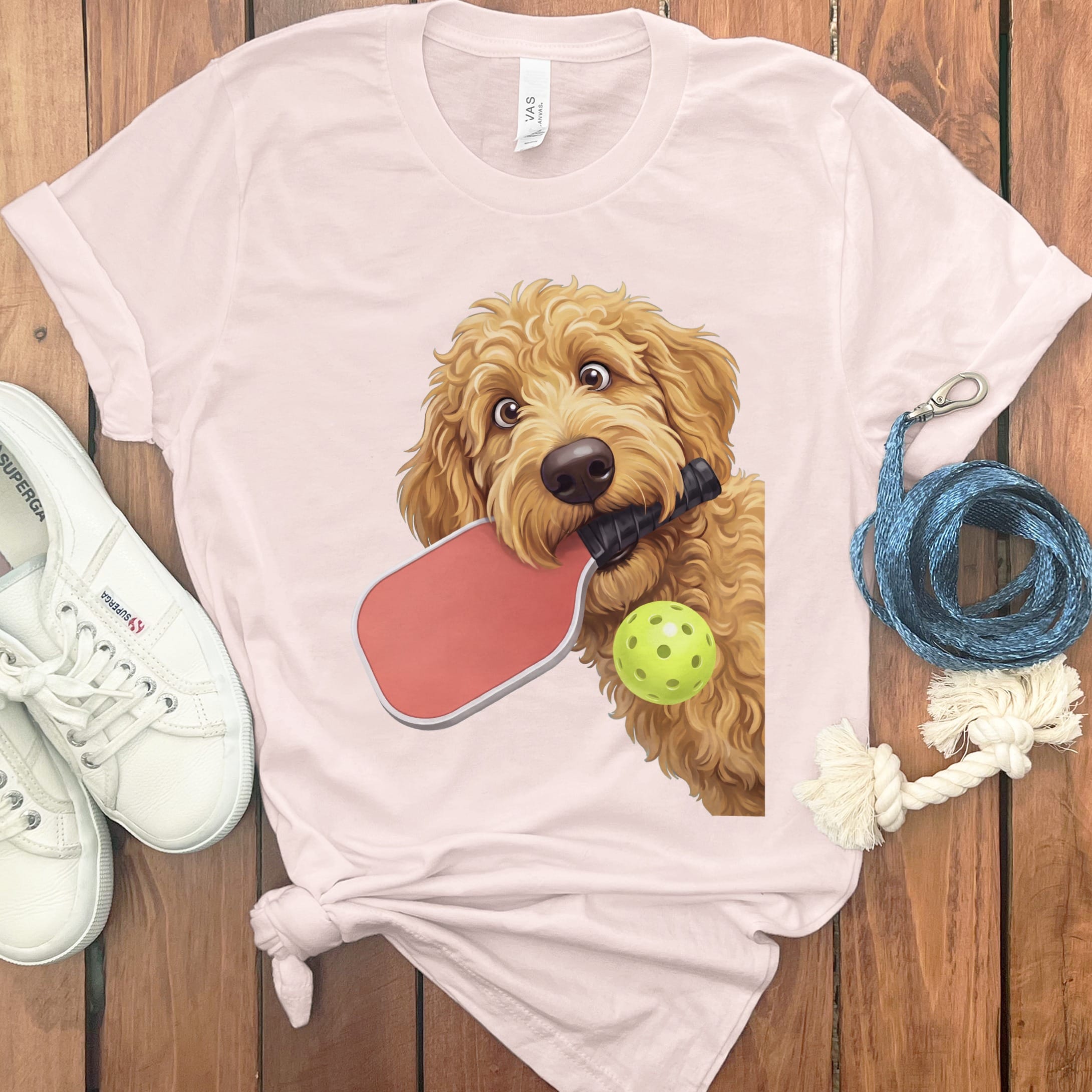 Golden Goldendoodle Pickleball T-Shirt in Soft Pink / S by Puppy Jo
