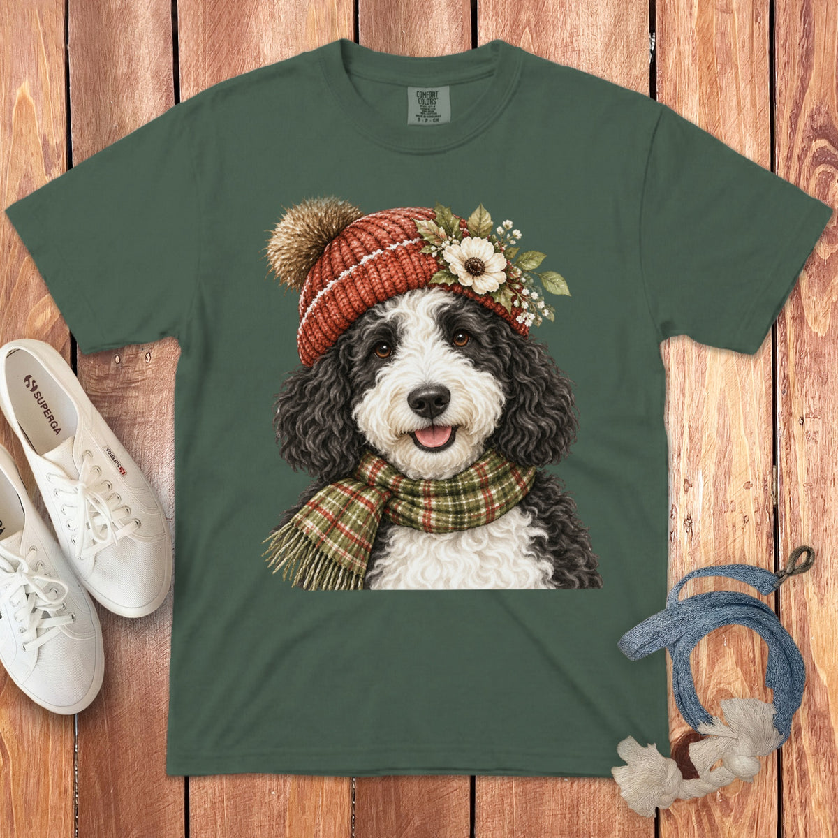 Green t-shirt featuring a cartoon Bernedoodle dog wearing a knit hat and scarf.