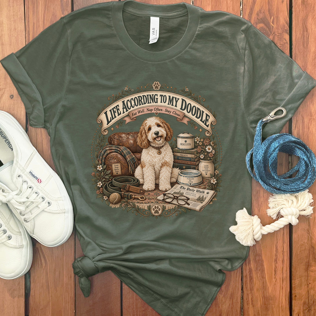 T-shirt with doodle dog graphic and text "Life According to My Doodle".