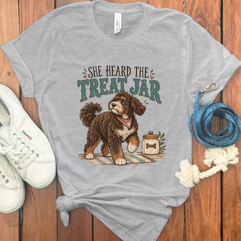 Grey t-shirt with brown dog graphic and "She Heard The Treat Jar" text.