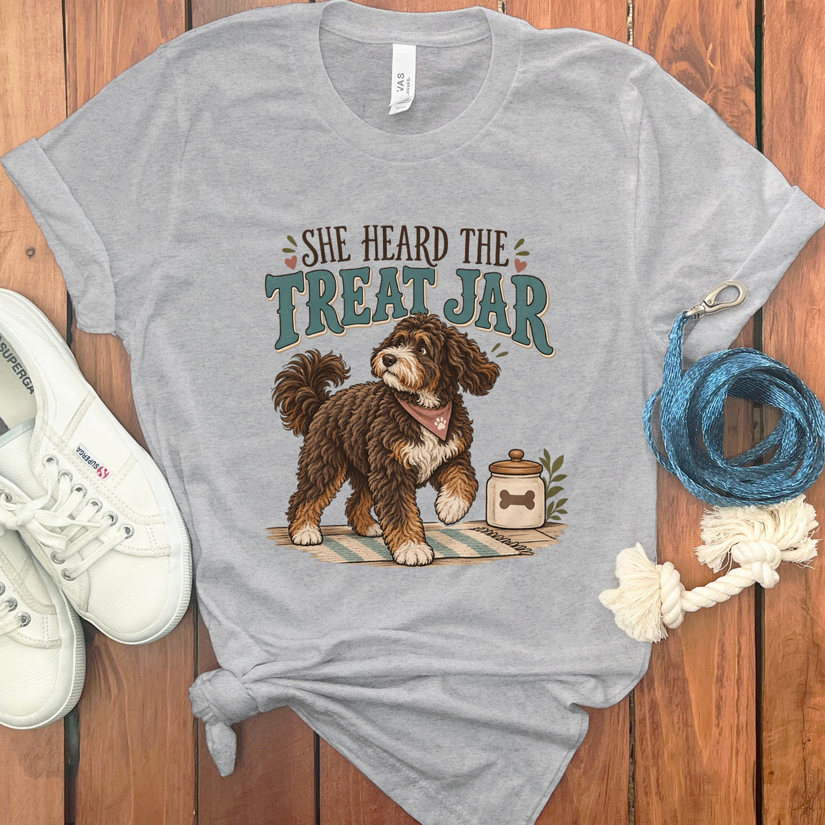 Grey t-shirt with brown dog graphic and "She Heard The Treat Jar" text.