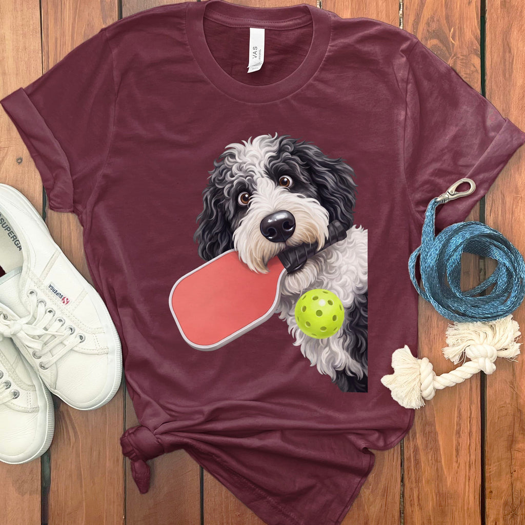 Sheepadoodle Pickleball T-Shirt in Maroon / S by Puppy Jo