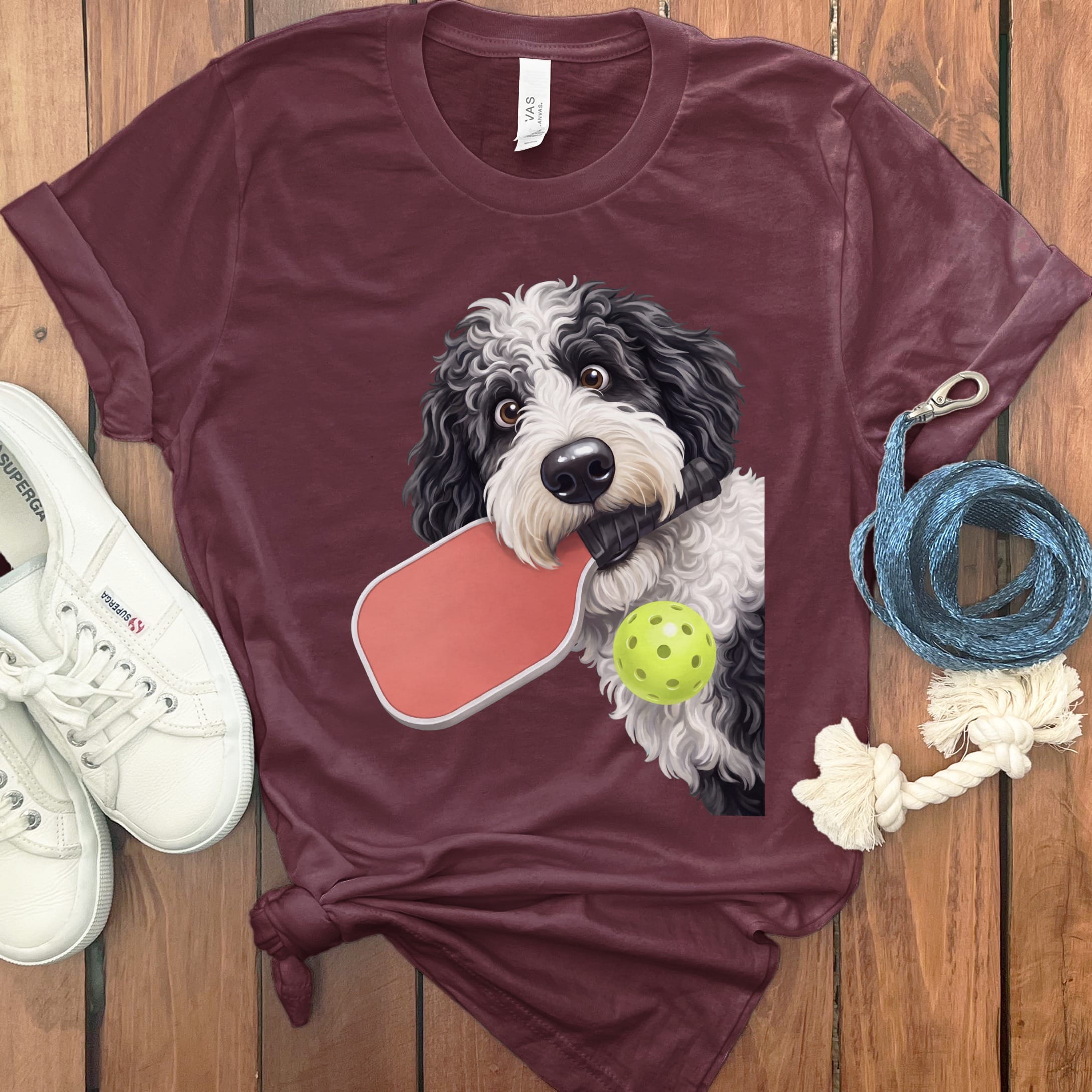 Sheepadoodle Pickleball T-Shirt in Maroon / S by Puppy Jo