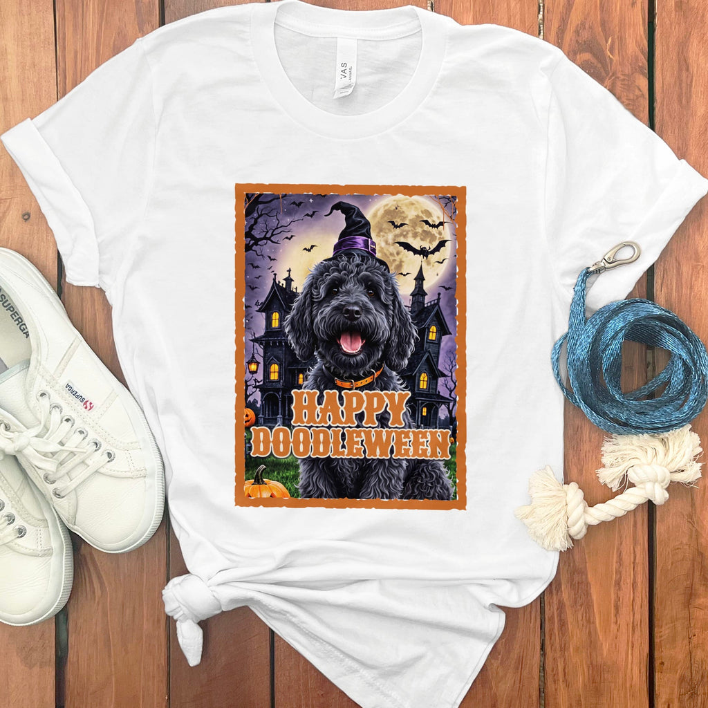 Black Goldnedoodle Happy Doodleween T-Shirt in White / S by Puppy Jo