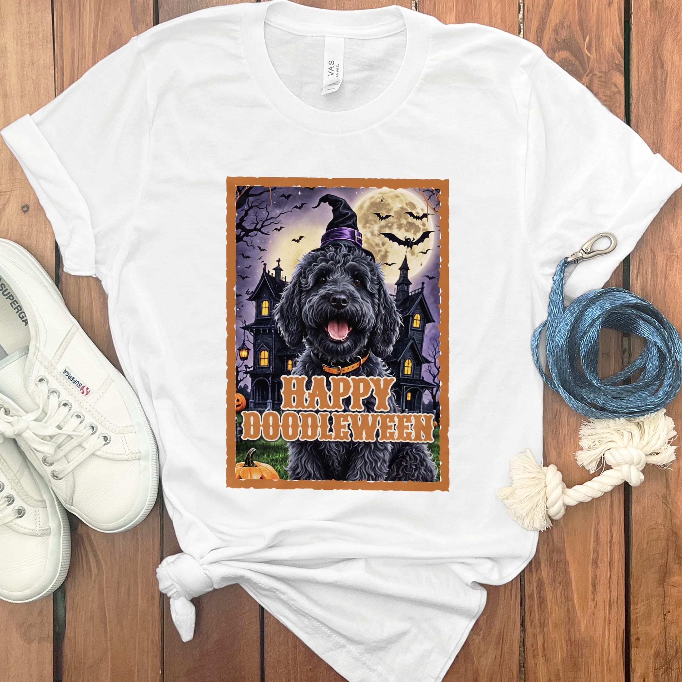 Black Goldnedoodle Happy Doodleween T-Shirt in White / S by Puppy Jo
