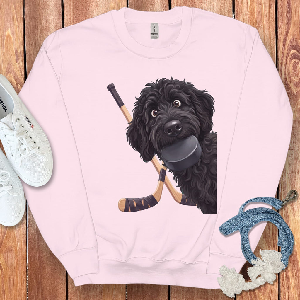 Black Goldendoodle Hockey Sweatshirt in Light Pink / S by Puppy Jo