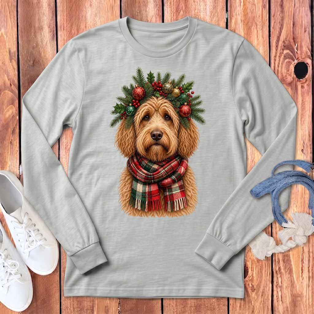 Apricot Goldendoodle Holiday Crown Long Sleeve T-Shirt in Athletic Heather / S by MyDesigns
