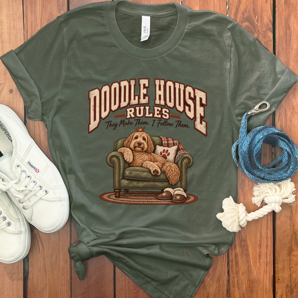 Green t-shirt with "Doodle House Rules" graphic and a dog lounging in an armchair.