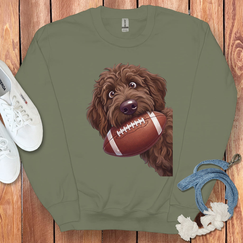 Chocolate Goldendoodle Football Sweatshirt in Military Green / S by Puppy Jo