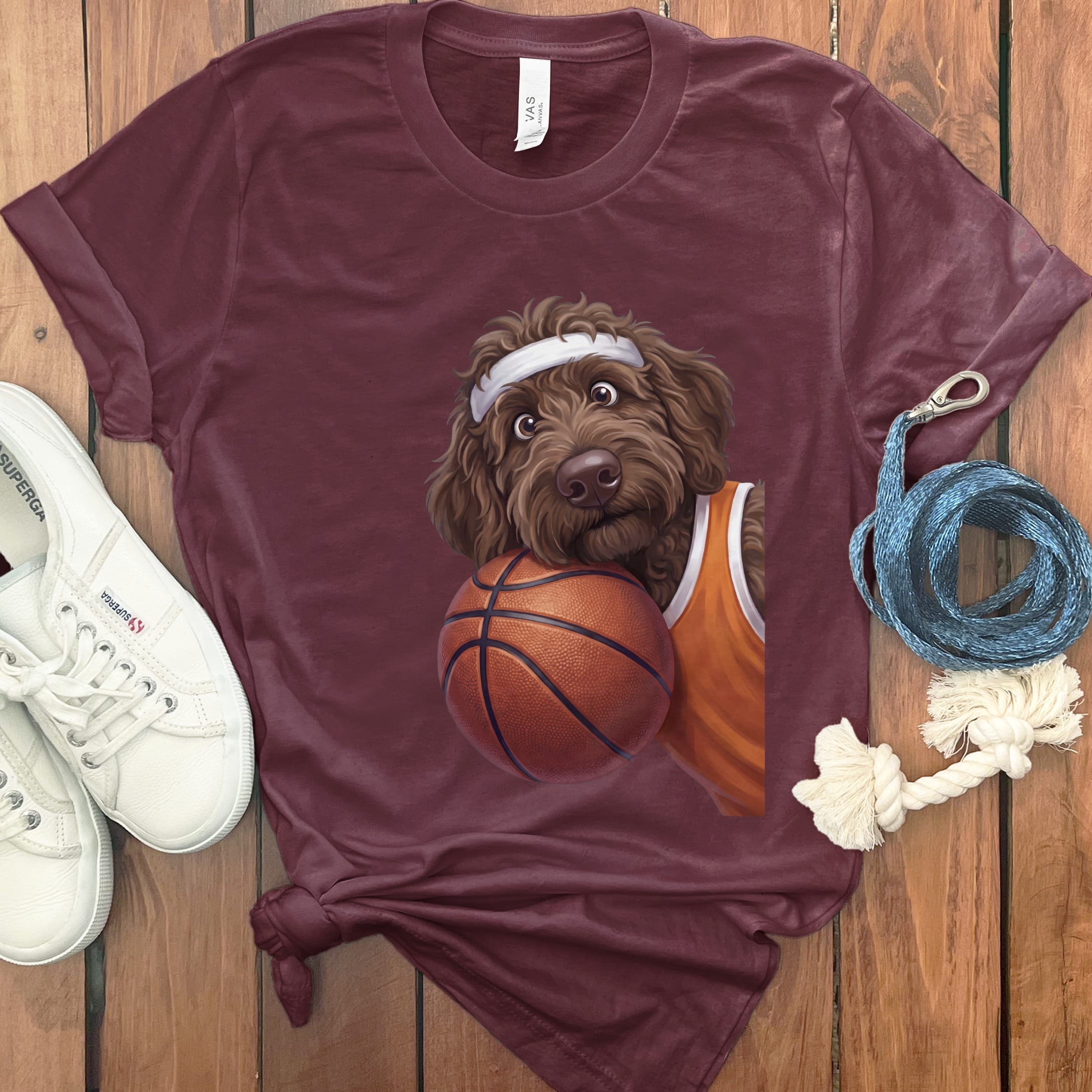 Chocolate Goldendoodle Basketball Player T-Shirt in Maroon / S by Puppy Jo