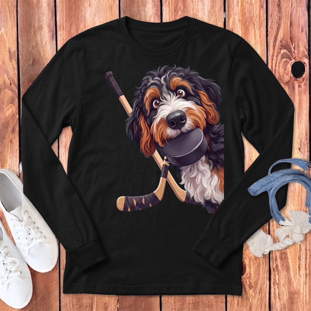 Bernedoodle Hockey Long Sleeve T-Shirt in Dark Grey Heather / S by Puppy Jo