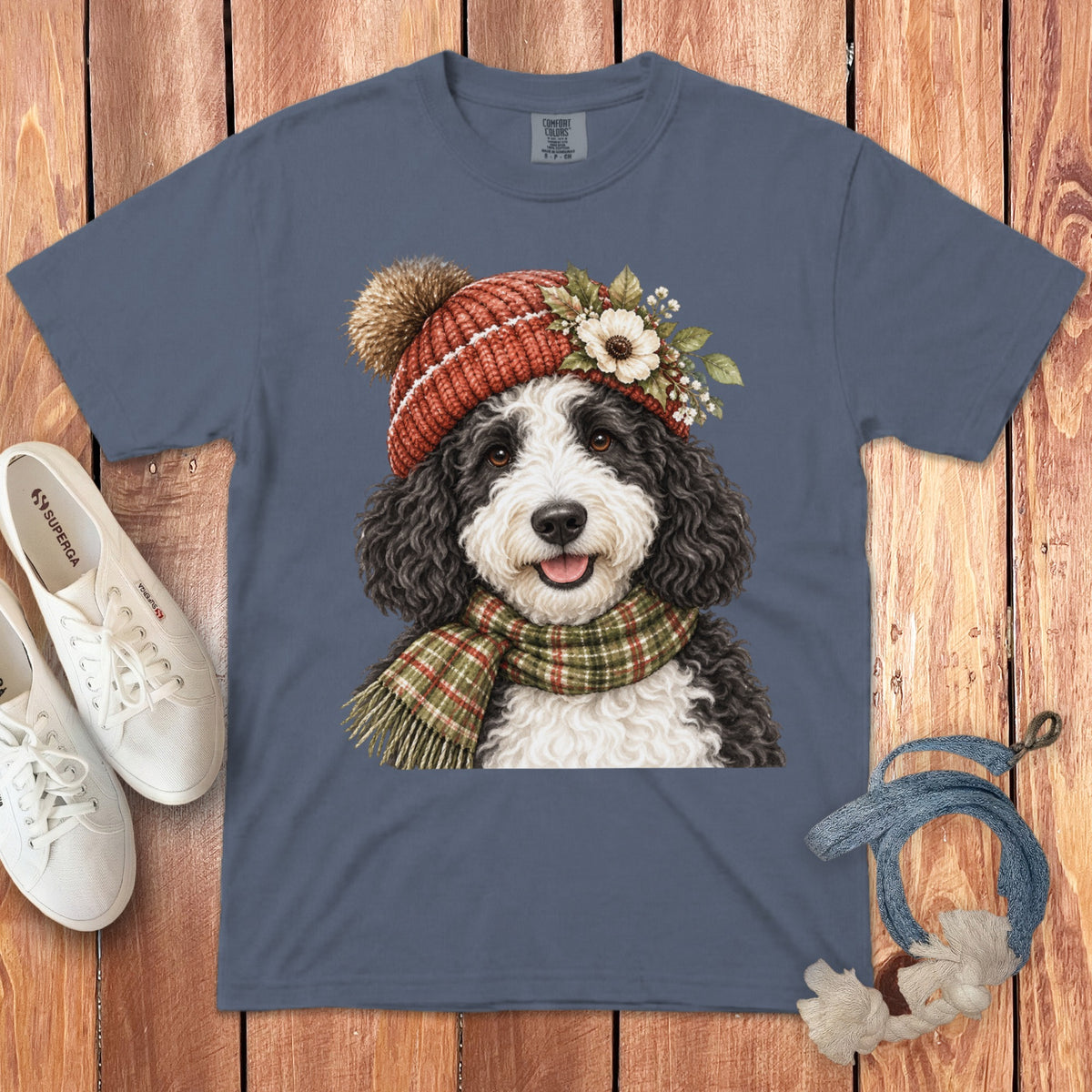 T-shirt with a watercolor illustration of a Bernedoodle dog wearing a winter hat and scarf.