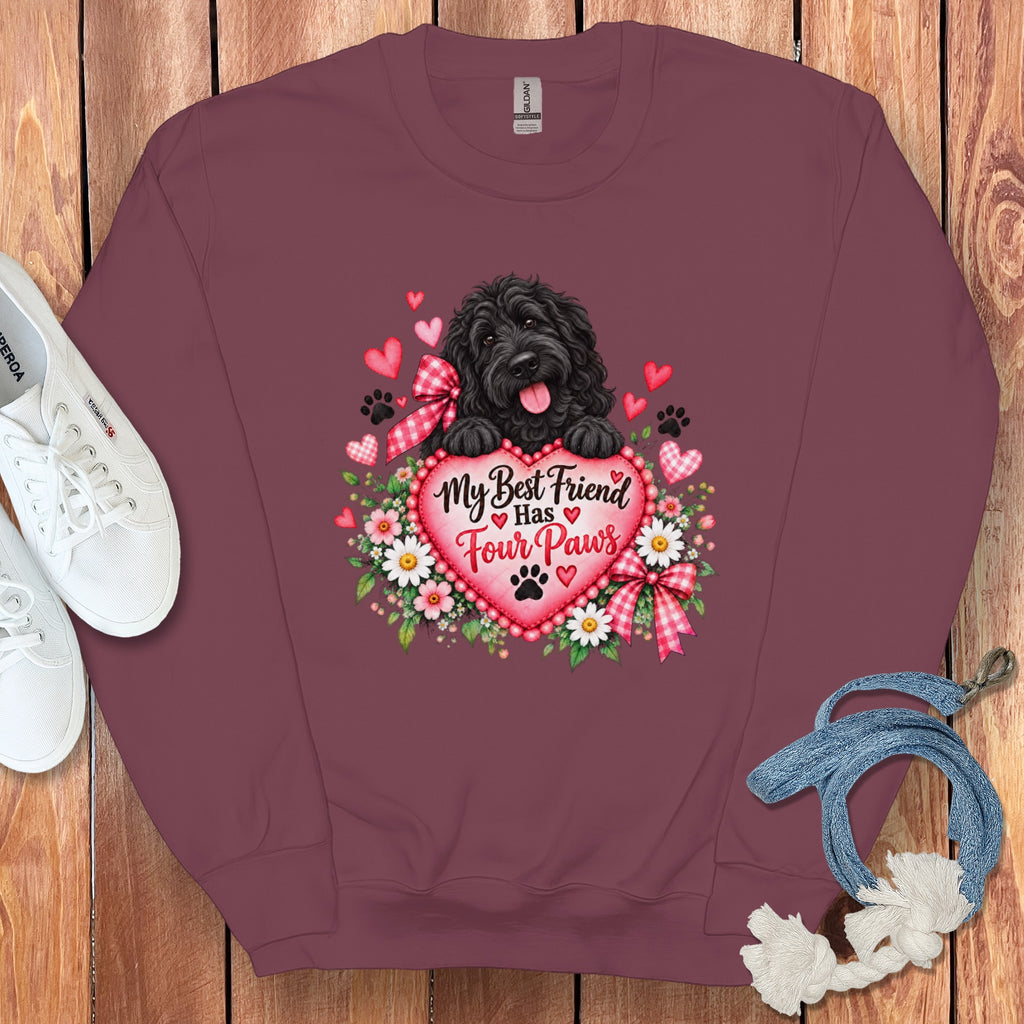 Maroon crewneck sweatshirt featuring a black curly dog graphic with a Valentine heart and text.