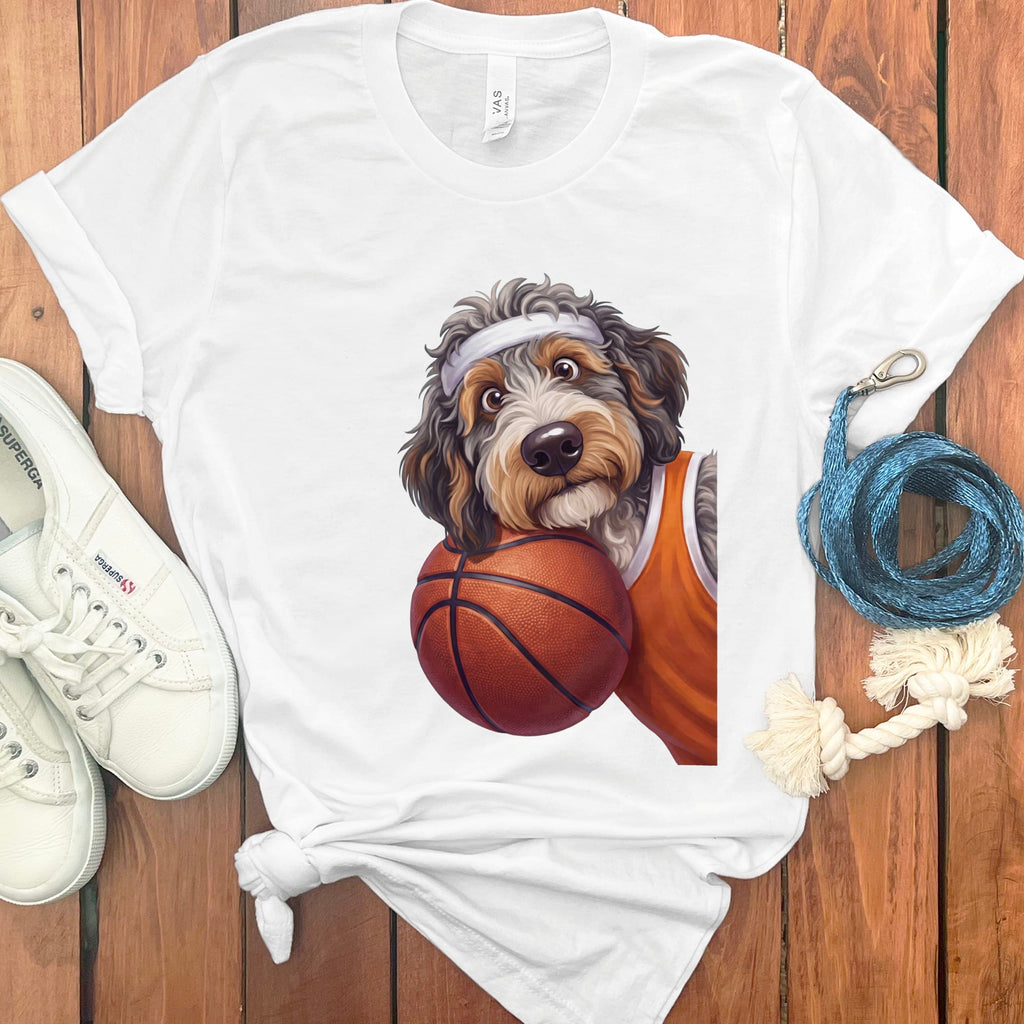 Aussiedoodle Basketball Player T-Shirt in White / S by Puppy Jo