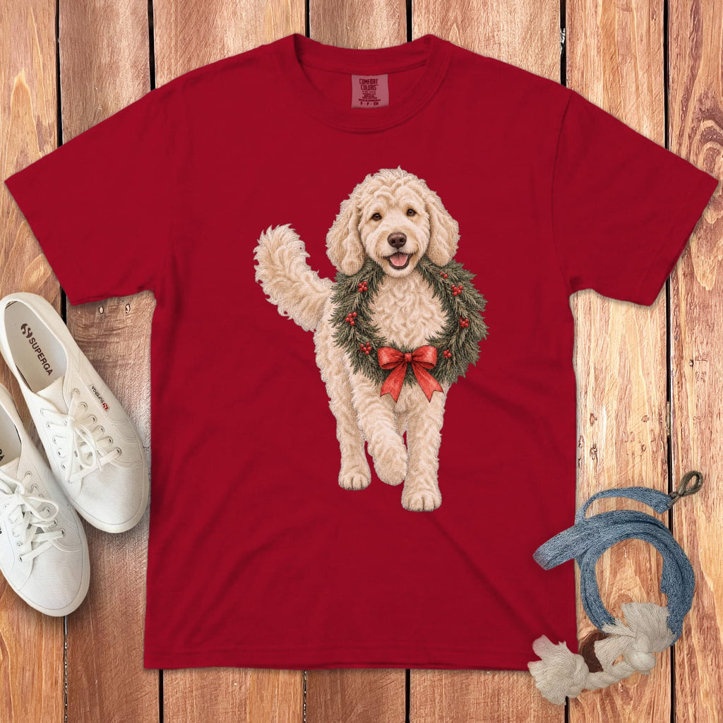 Cream Goldendoodle Wreath Signature T-Shirt in Red / S by Puppy Jo