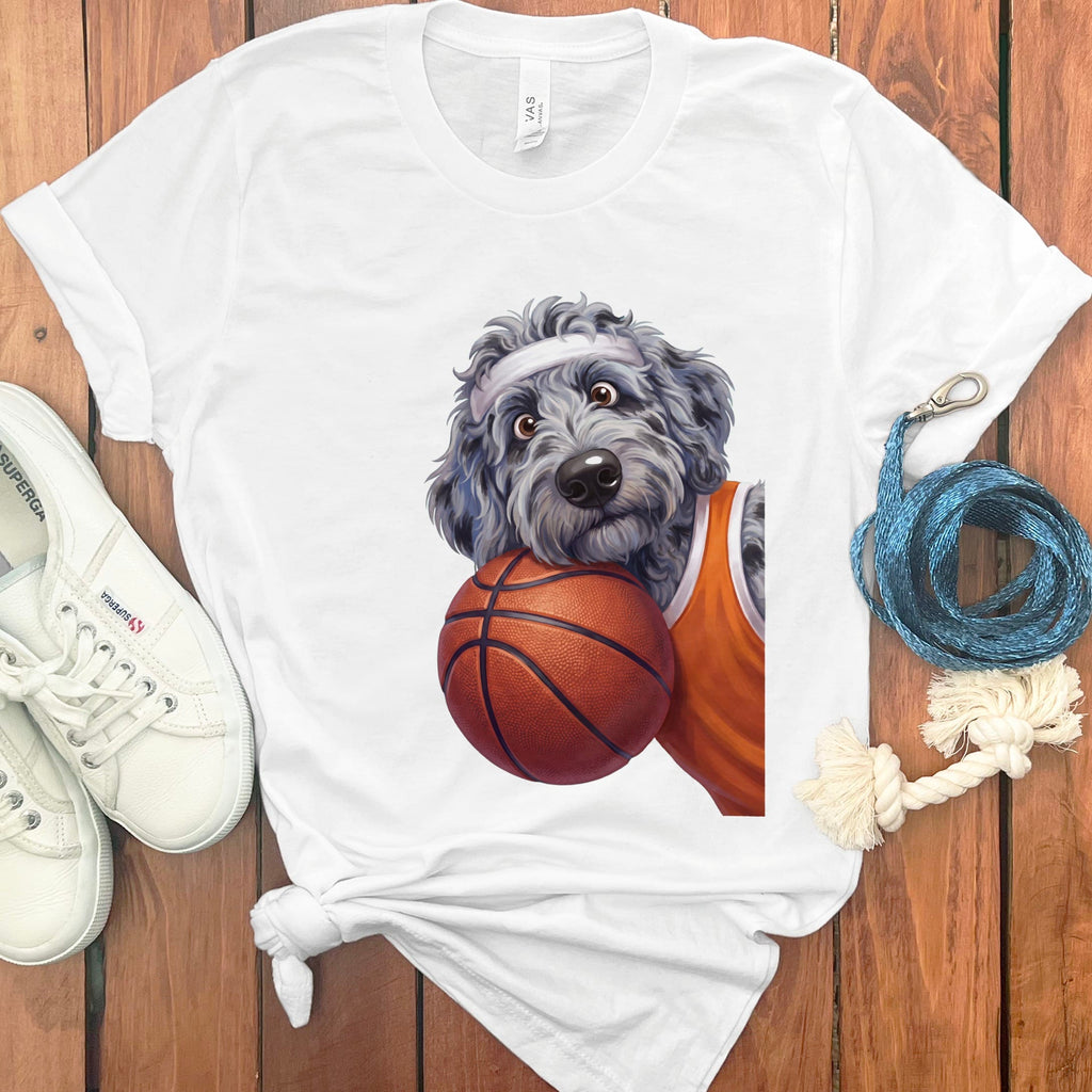 Merle Goldendoodle Basketball Player T-Shirt in White / S by Puppy Jo