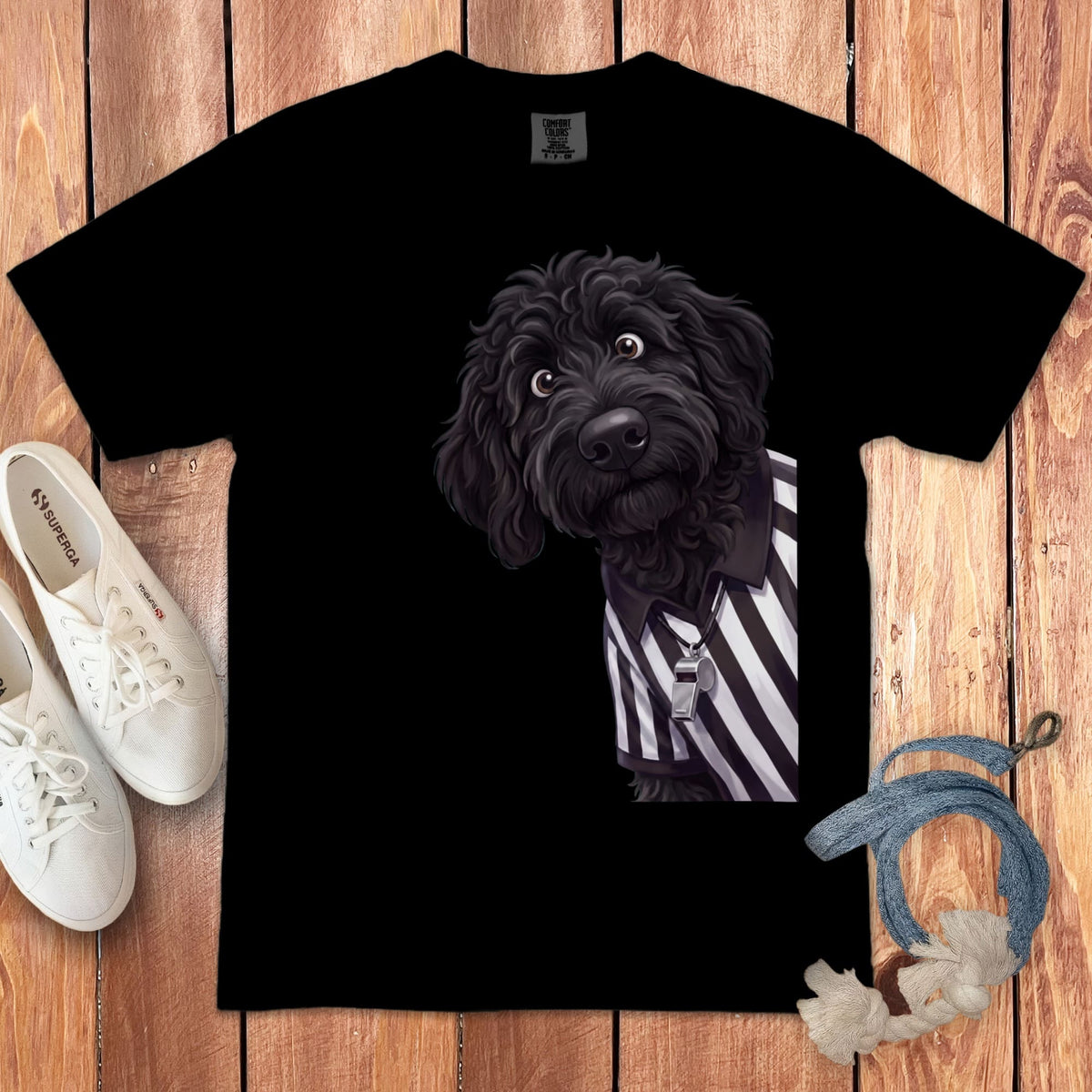 Black Goldendoodle Football Referee Signature T-Shirt in Black / S by Puppy Jo