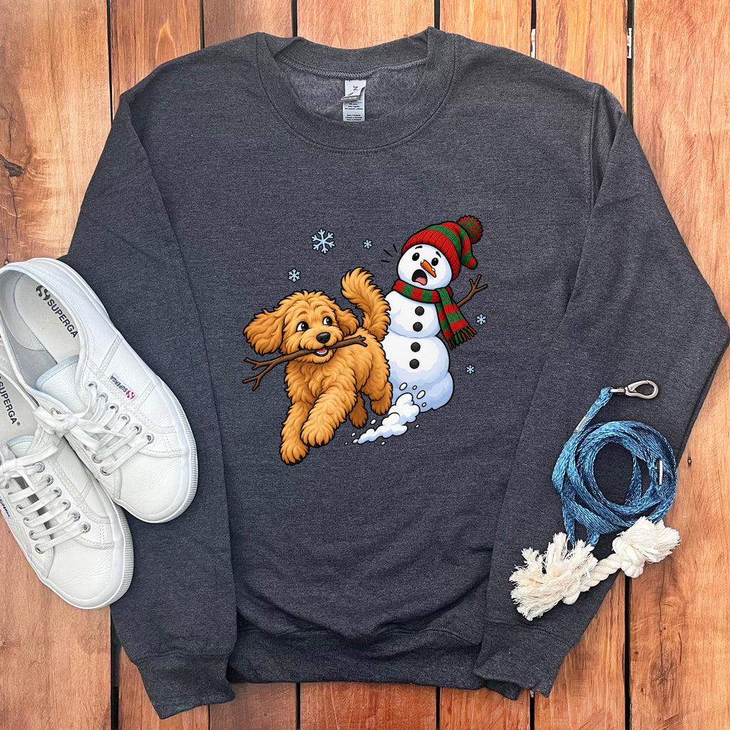 Apricot Goldendoodle Snowman Sweatshirt in Dark Heather / S by Puppy Jo