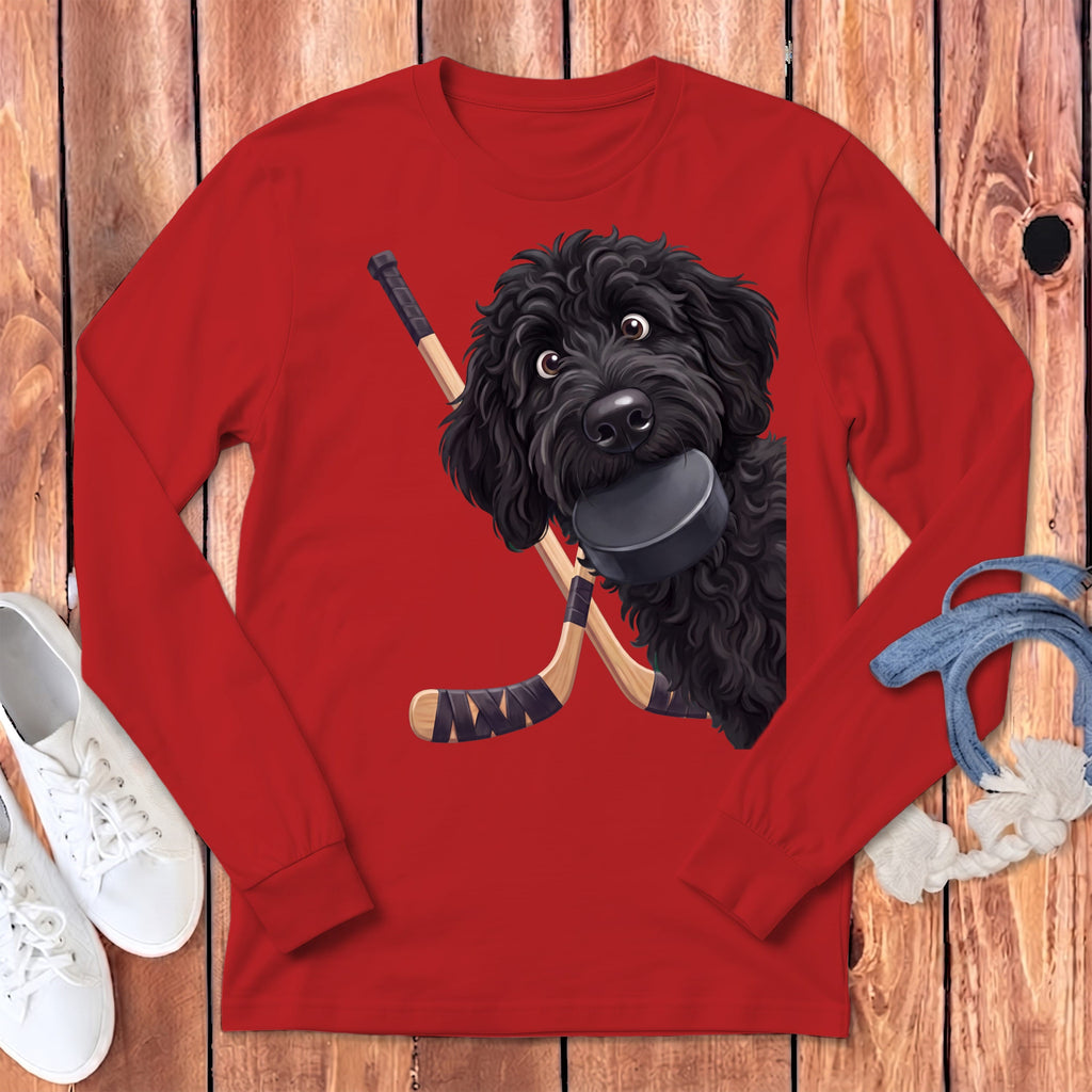 Black Goldendoodle Hockey Long Sleeve T-Shirt in Red / S by Puppy Jo