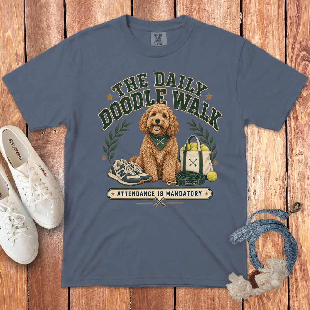 T-shirt graphic of a doodle dog with the text "The Daily Doodle Walk" and "Attendance Is Mandatory".