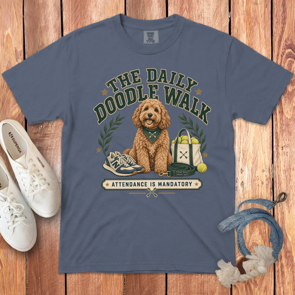 T-shirt graphic of a doodle dog with the text "The Daily Doodle Walk" and "Attendance Is Mandatory".