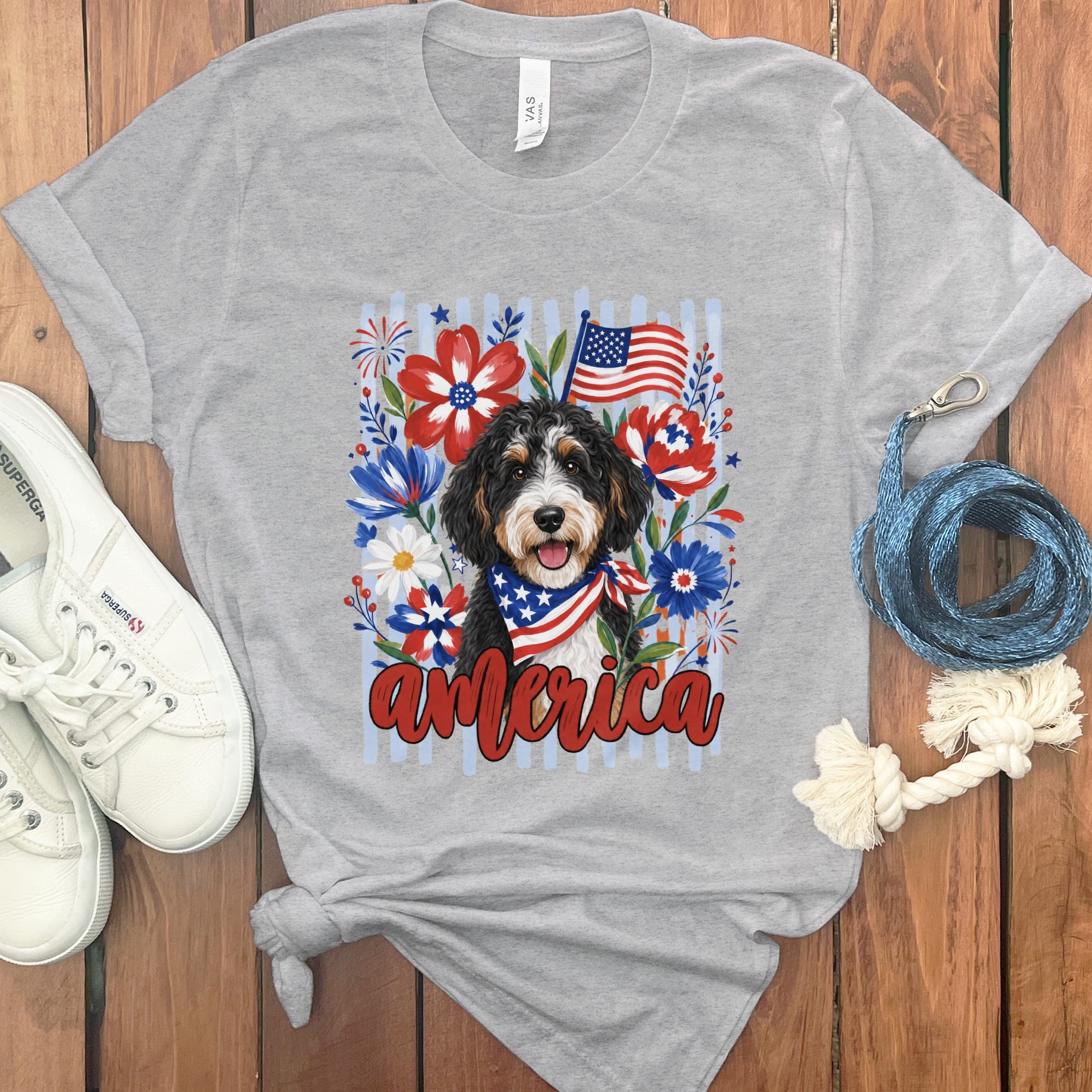 Bernedoodle America T-Shirt in Athletic Heather / S by Puppy Jo