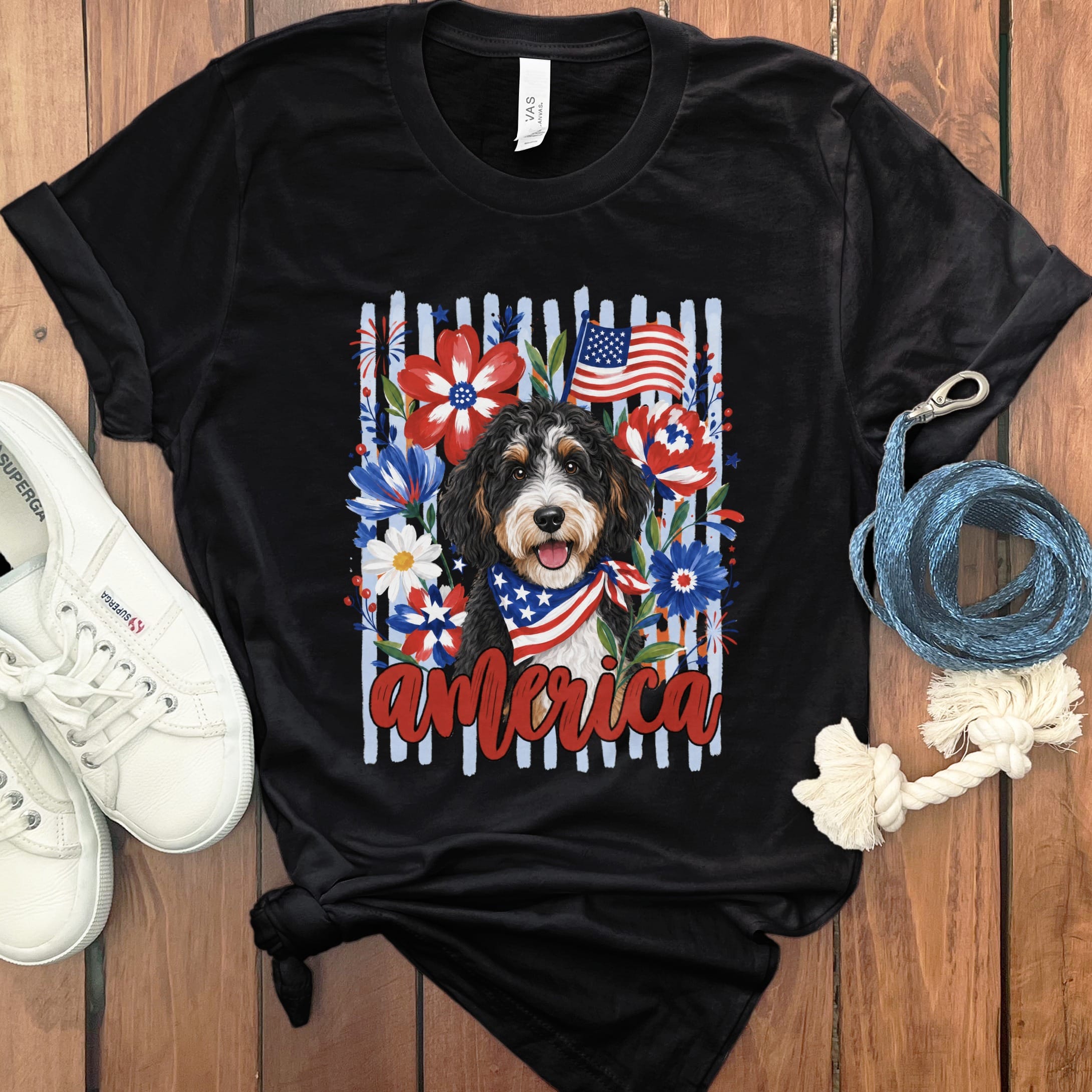 Bernedoodle America T-Shirt in Black / S by Puppy Jo