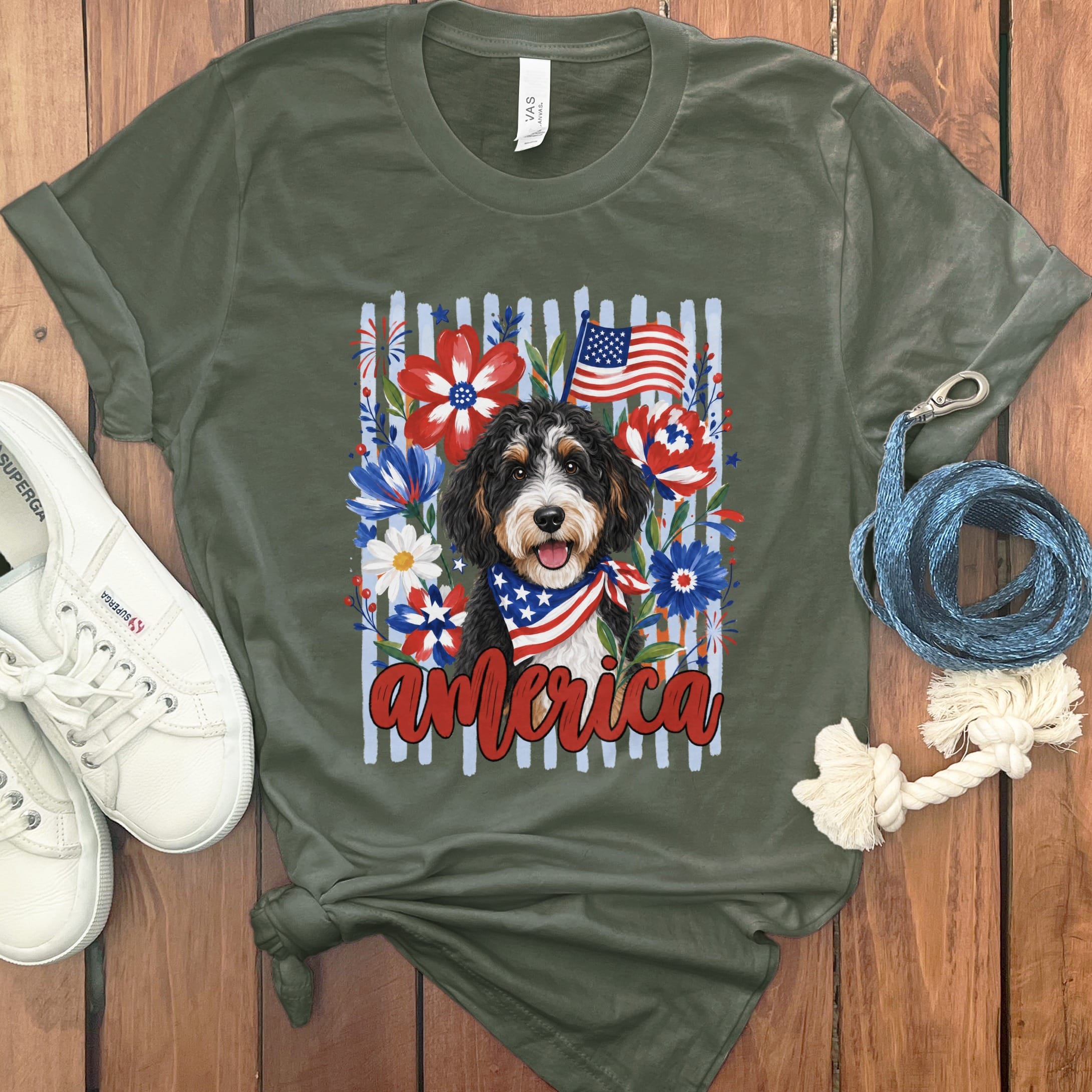 Bernedoodle America T-Shirt in Military Green / S by Puppy Jo