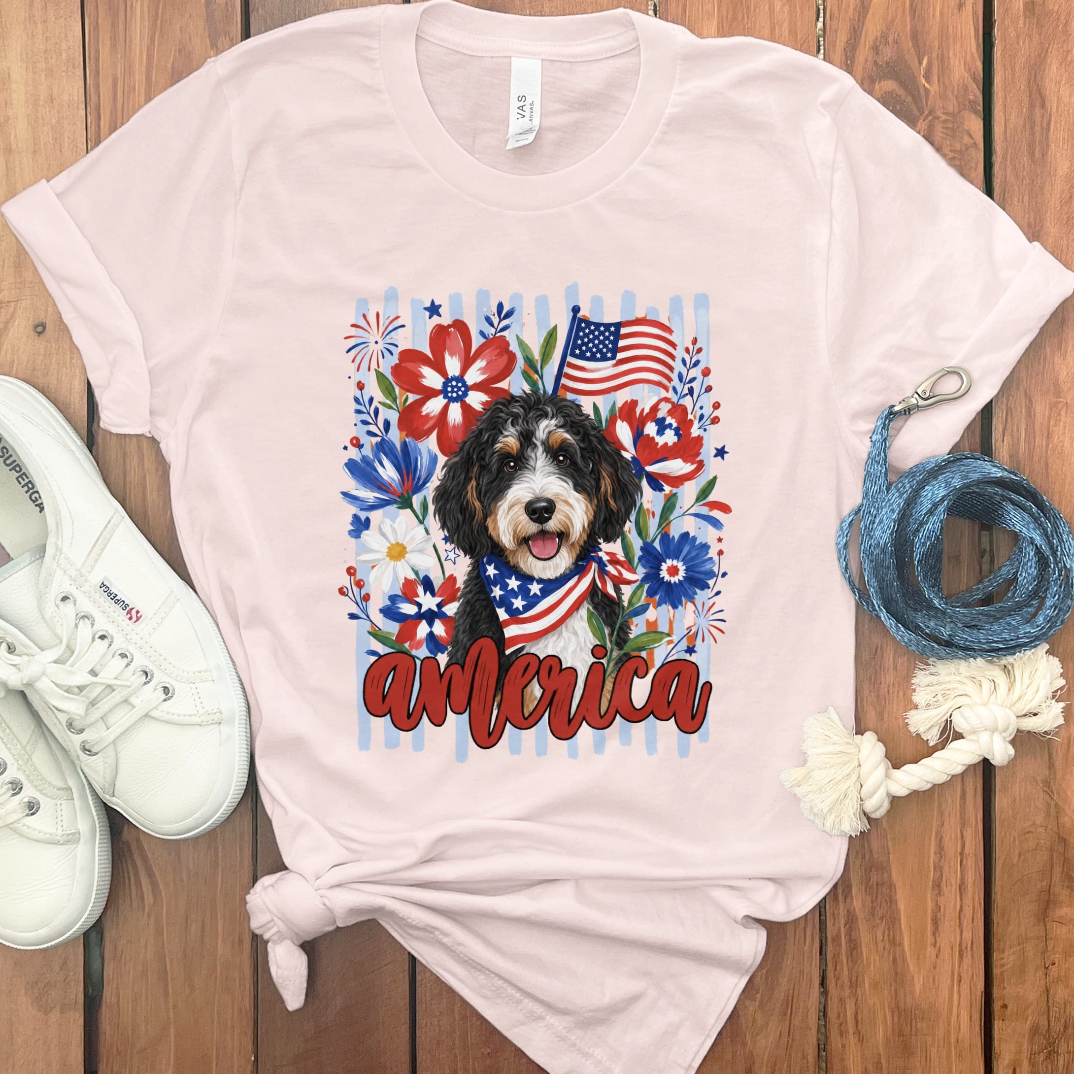Bernedoodle America T-Shirt in Soft Pink / S by Puppy Jo