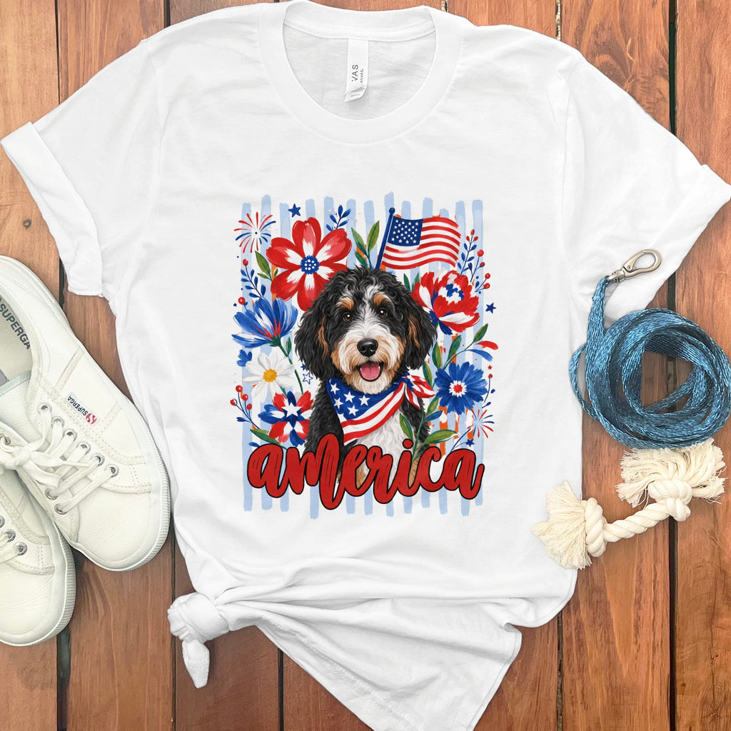 Bernedoodle America T-Shirt in White / S by Puppy Jo