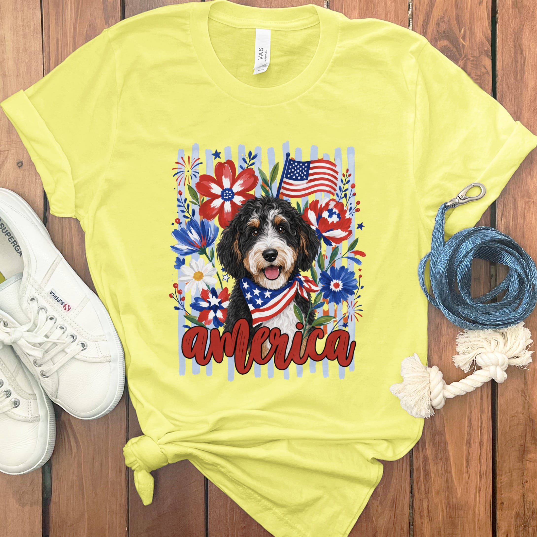 Bernedoodle America T-Shirt in Yellow / S by Puppy Jo