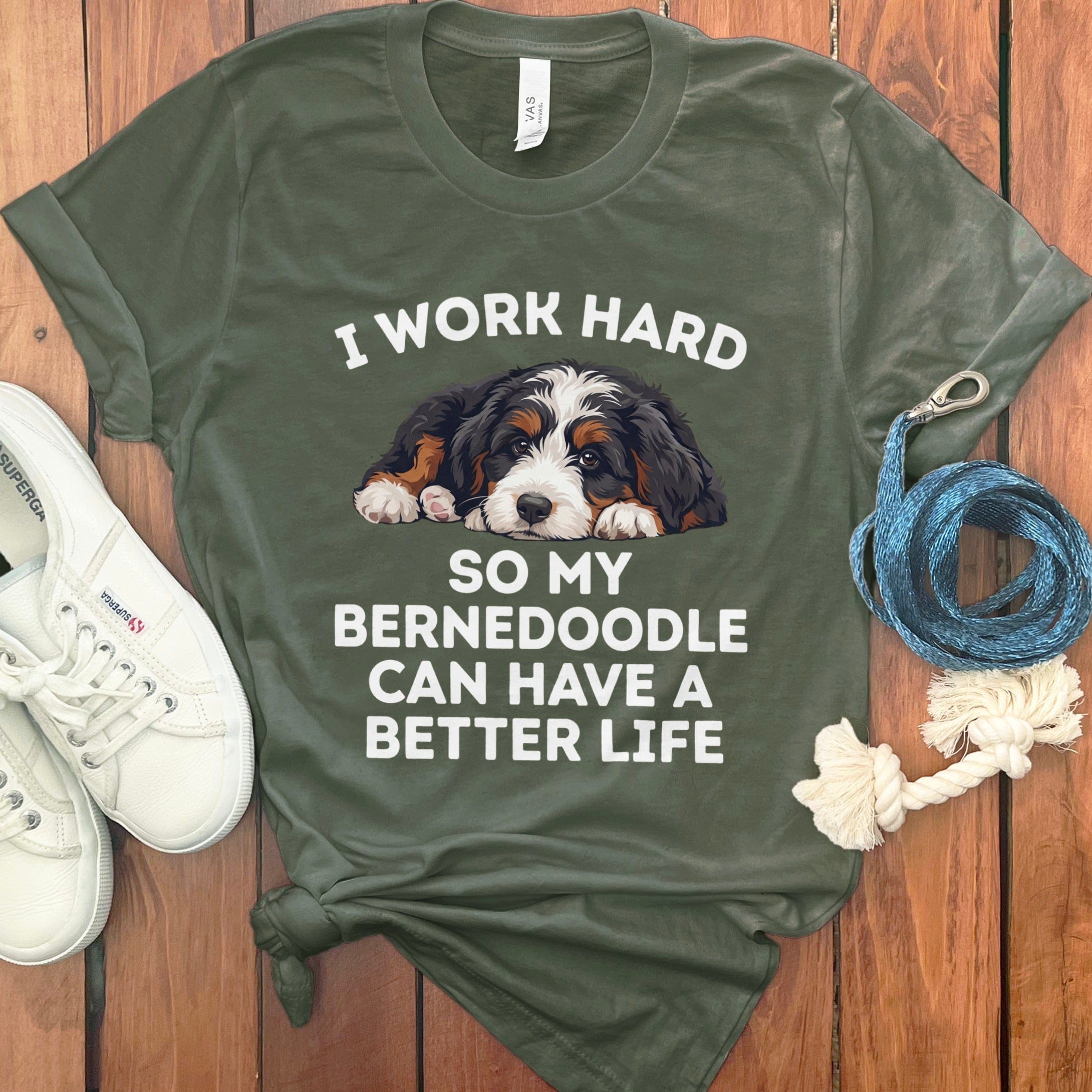 Bernedoodle Better Life Dog T-Shirt in Military Green / S by Puppy Jo