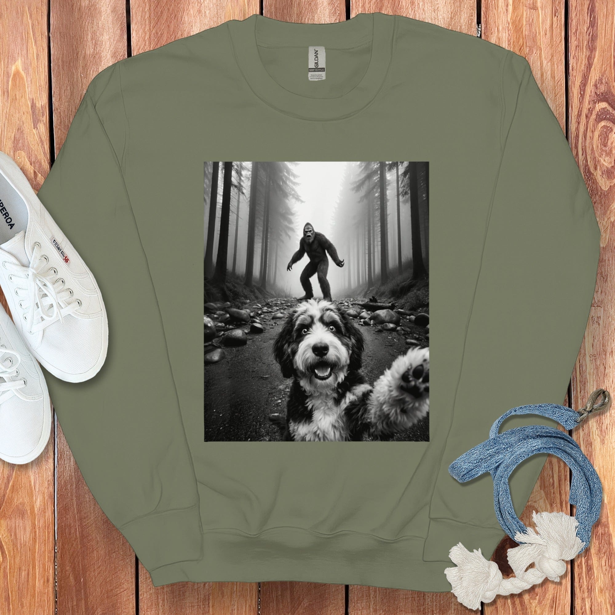 Bernedoodle Bigfoot Sweatshirt in Military Green / S by Puppy Jo