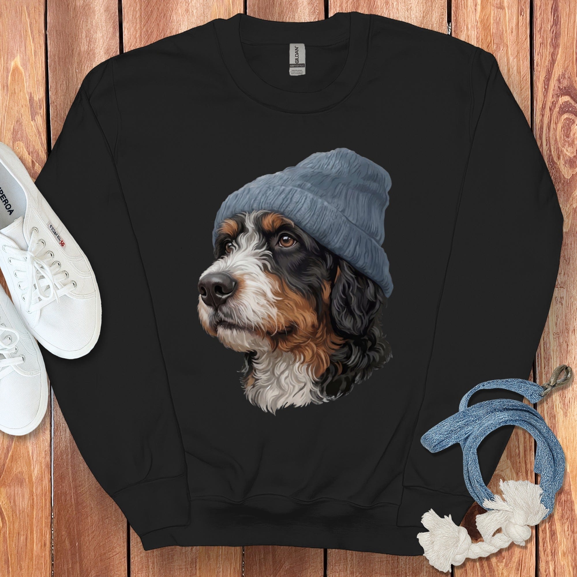 Bernedoodle Blue Cap Sweatshirt in Black / M / Sweatshirts #1 by Puppy Jo
