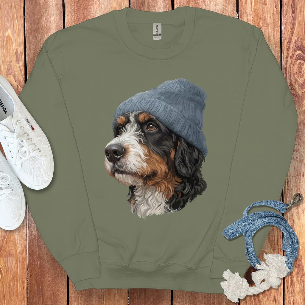 Bernedoodle Blue Cap Sweatshirt in Military Green / M / Sweatshirts #1 by Puppy Jo