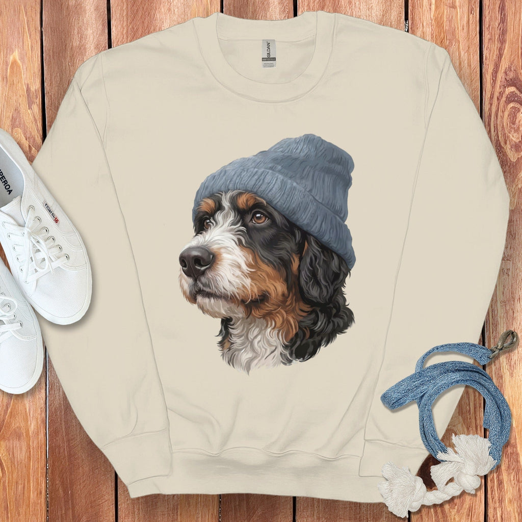 Bernedoodle Blue Cap Sweatshirt in Sand / M / Sweatshirts by Puppy Jo