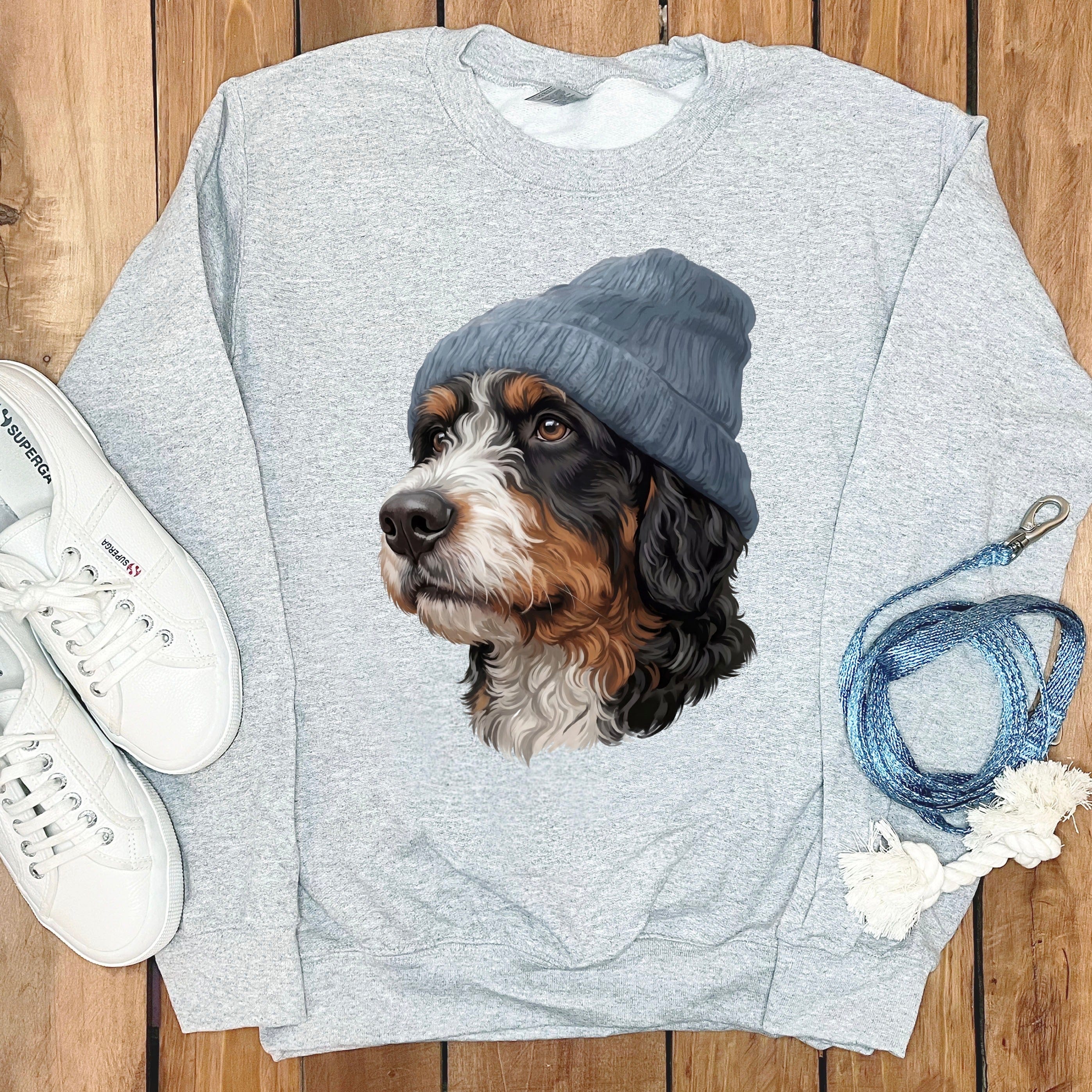 Bernedoodle Blue Cap Sweatshirt in Sport Grey / M / Sweatshirts by Puppy Jo