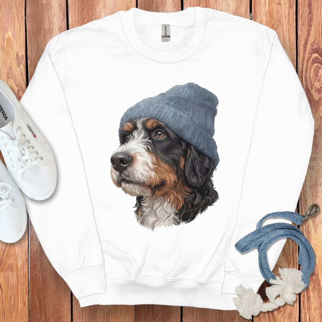 Bernedoodle Blue Cap Sweatshirt in White / M / Sweatshirts by Puppy Jo