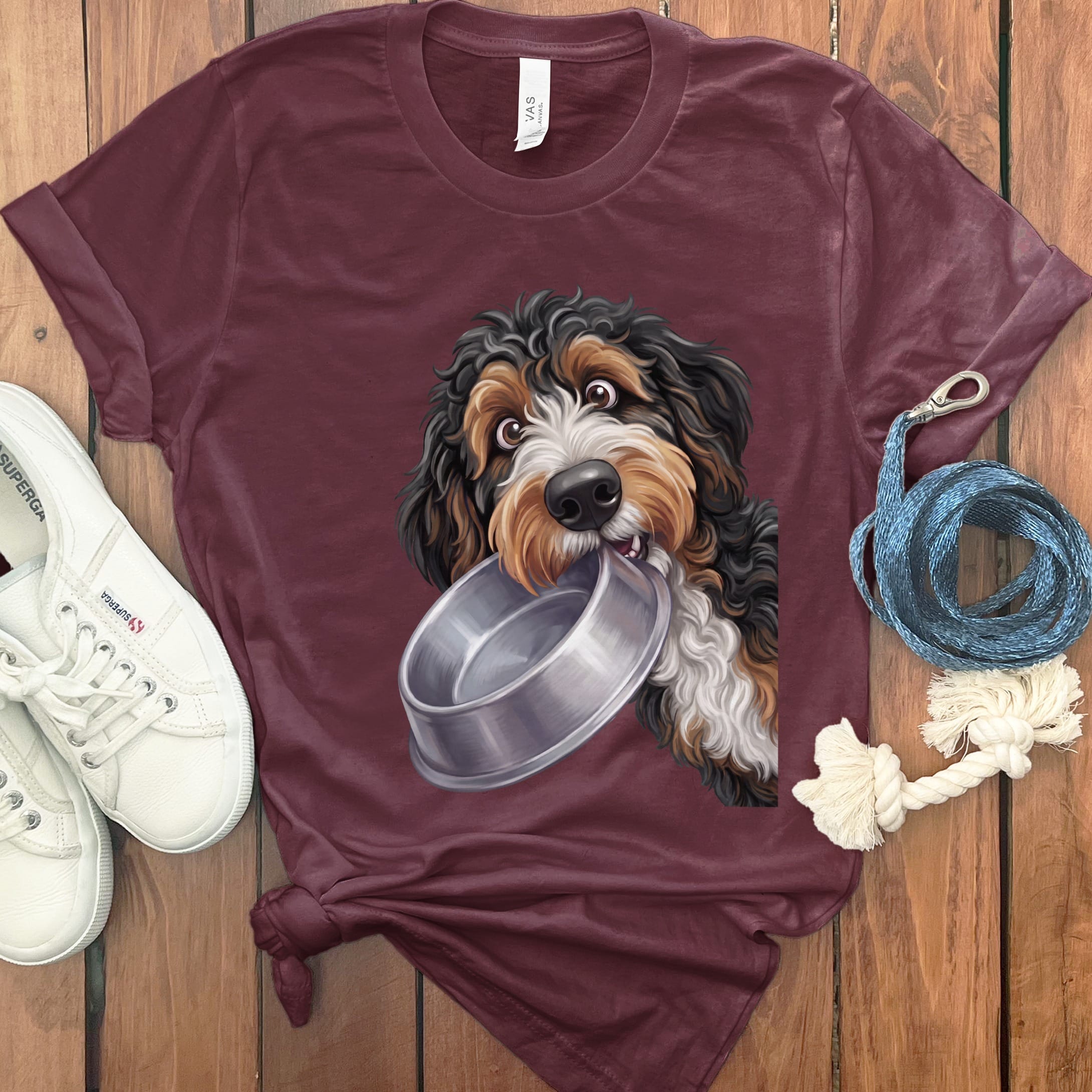 Bernedoodle Bowl T-Shirt in Maroon / S by Puppy Jo