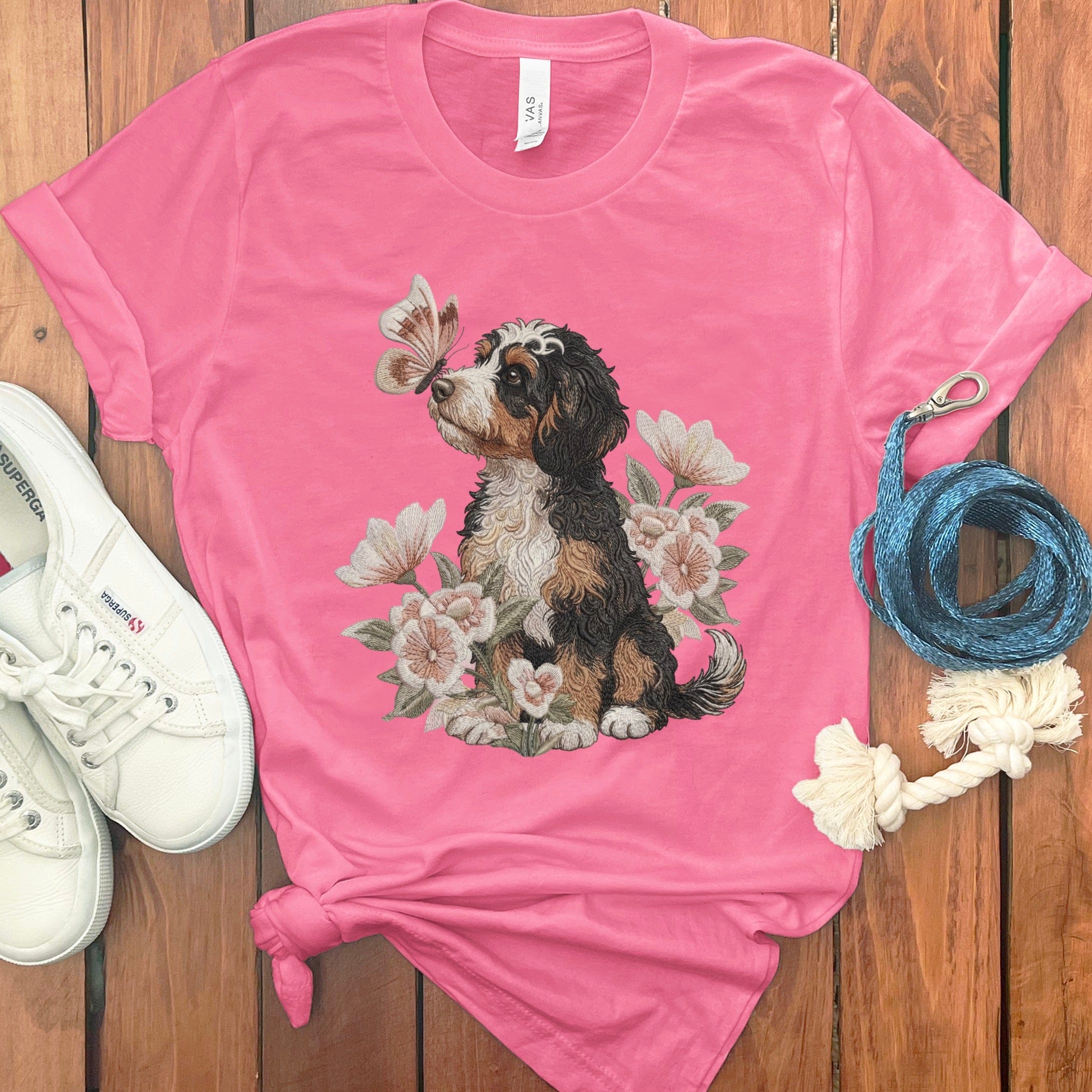 Bernedoodle Butterfly Kiss T-Shirt in Charity Pink / M by Puppy Jo