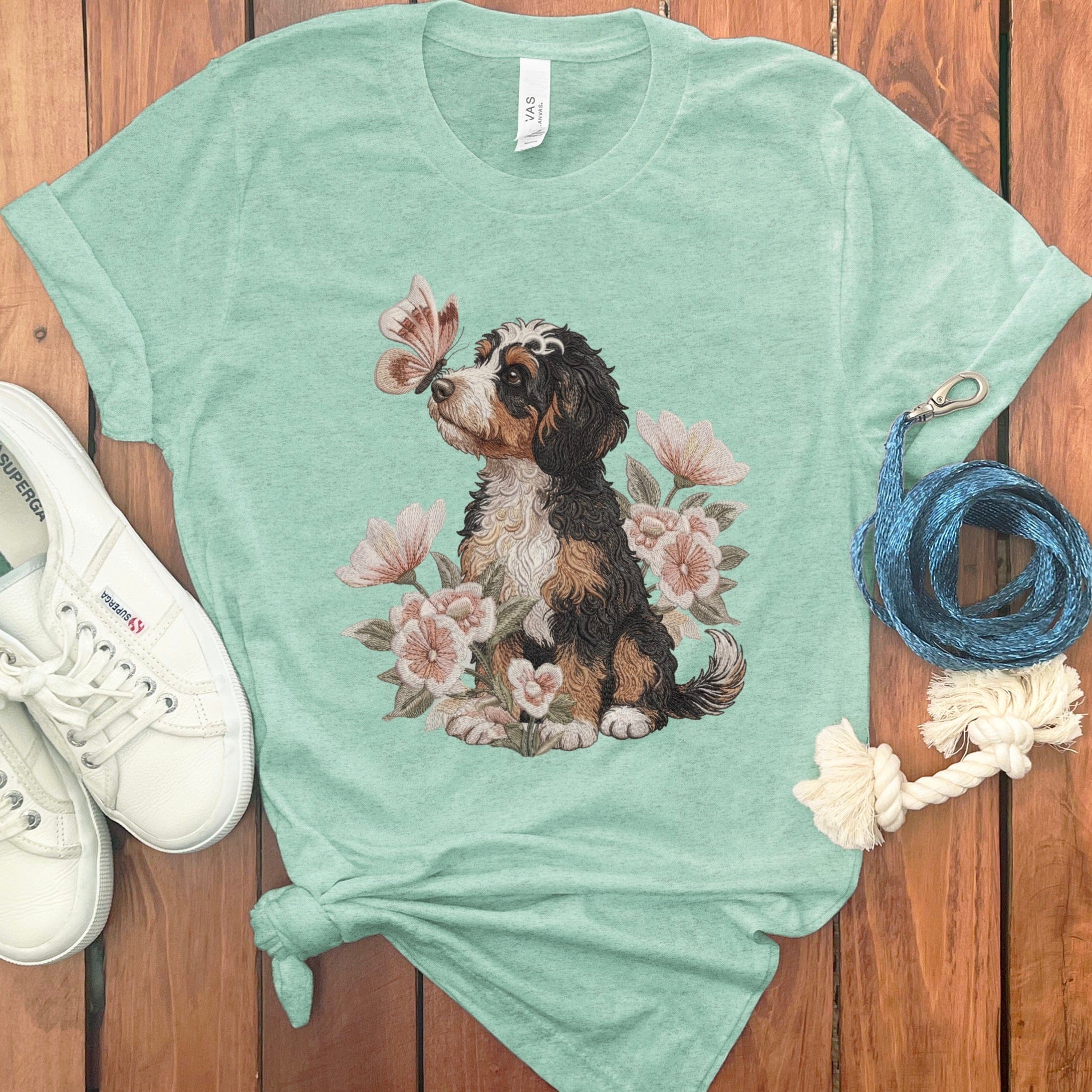 Bernedoodle Butterfly Kiss T-Shirt in Heather Mint / M by Puppy Jo