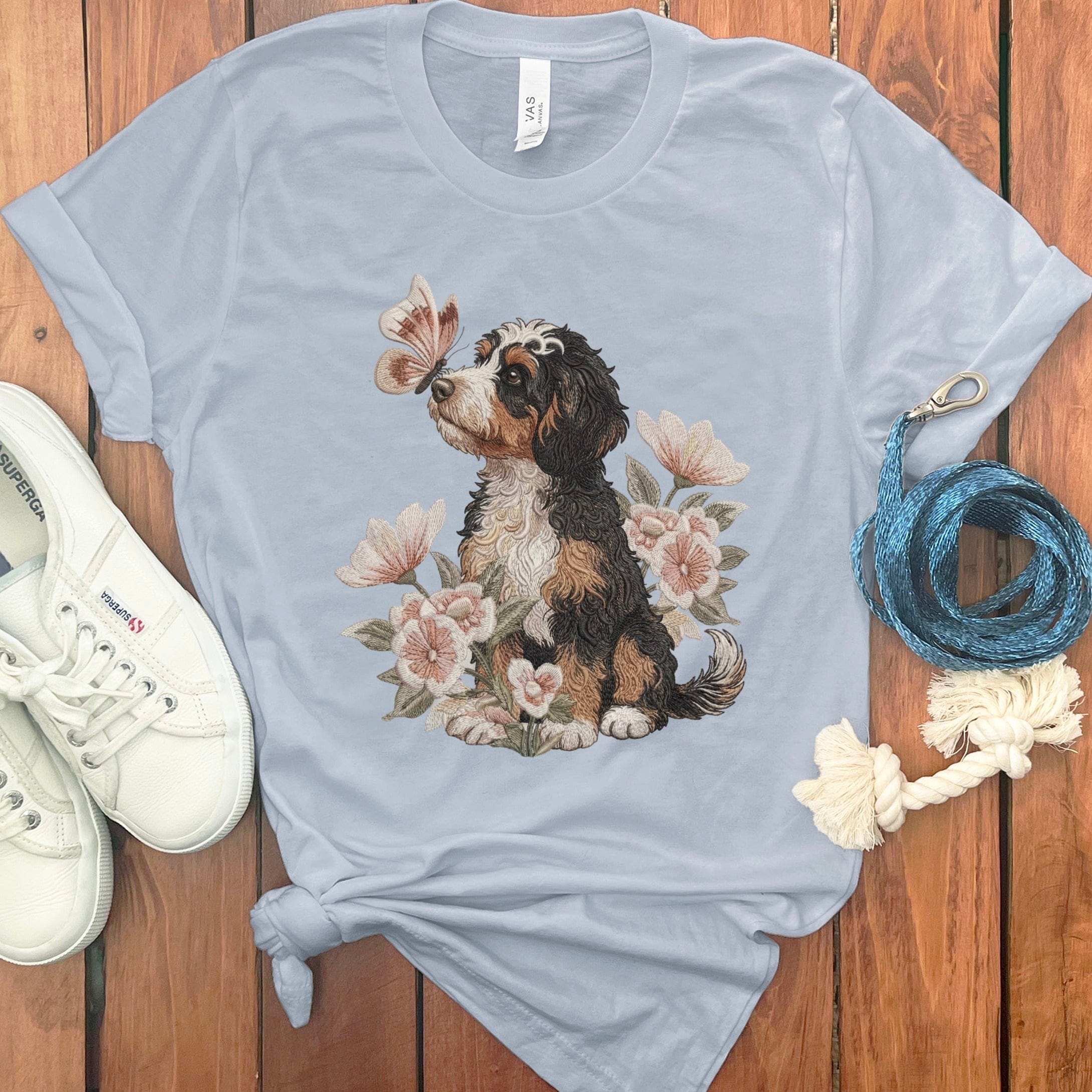 Bernedoodle Butterfly Kiss T-Shirt in Light Blue / M by Puppy Jo