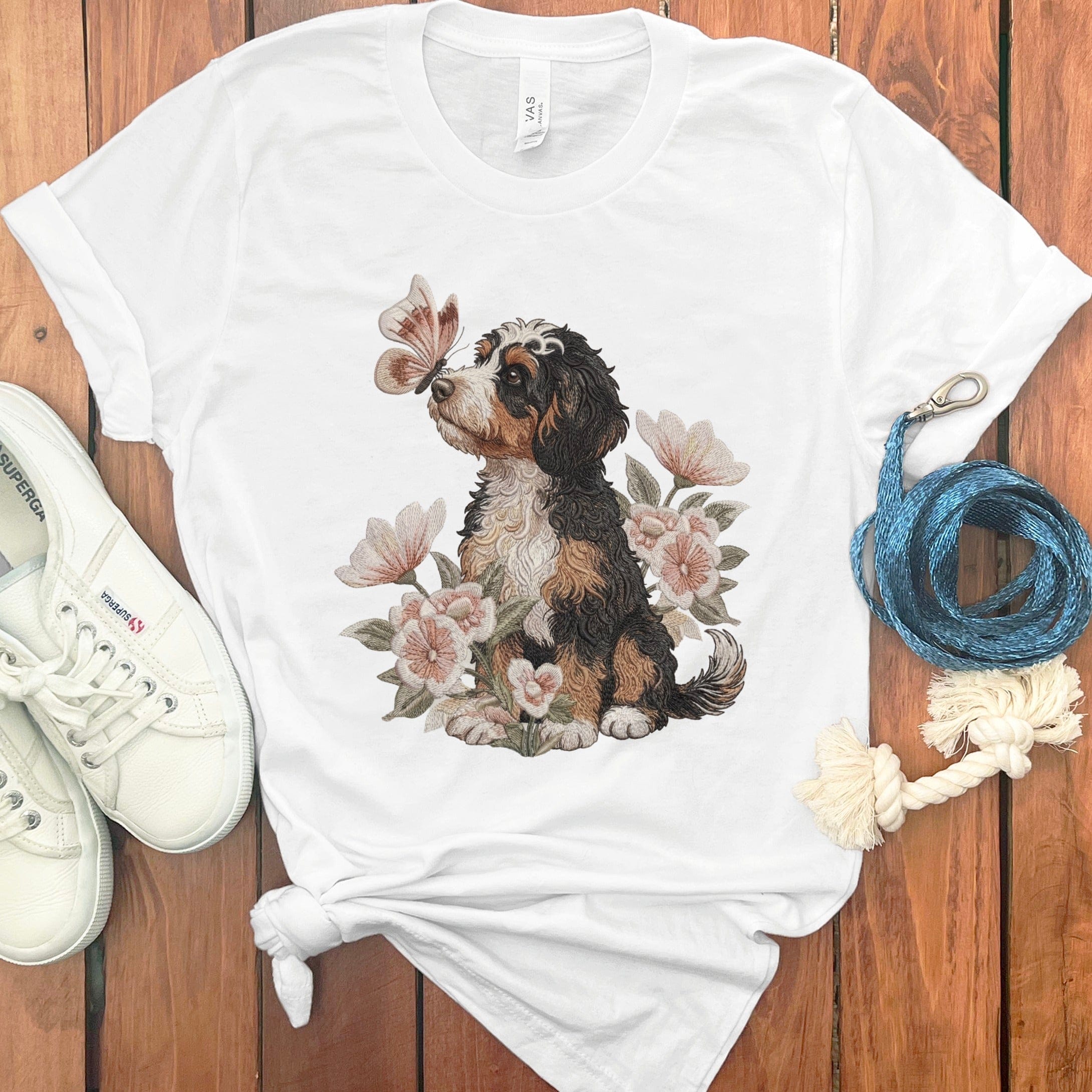 Bernedoodle Butterfly Kiss T-Shirt in White / M by Puppy Jo