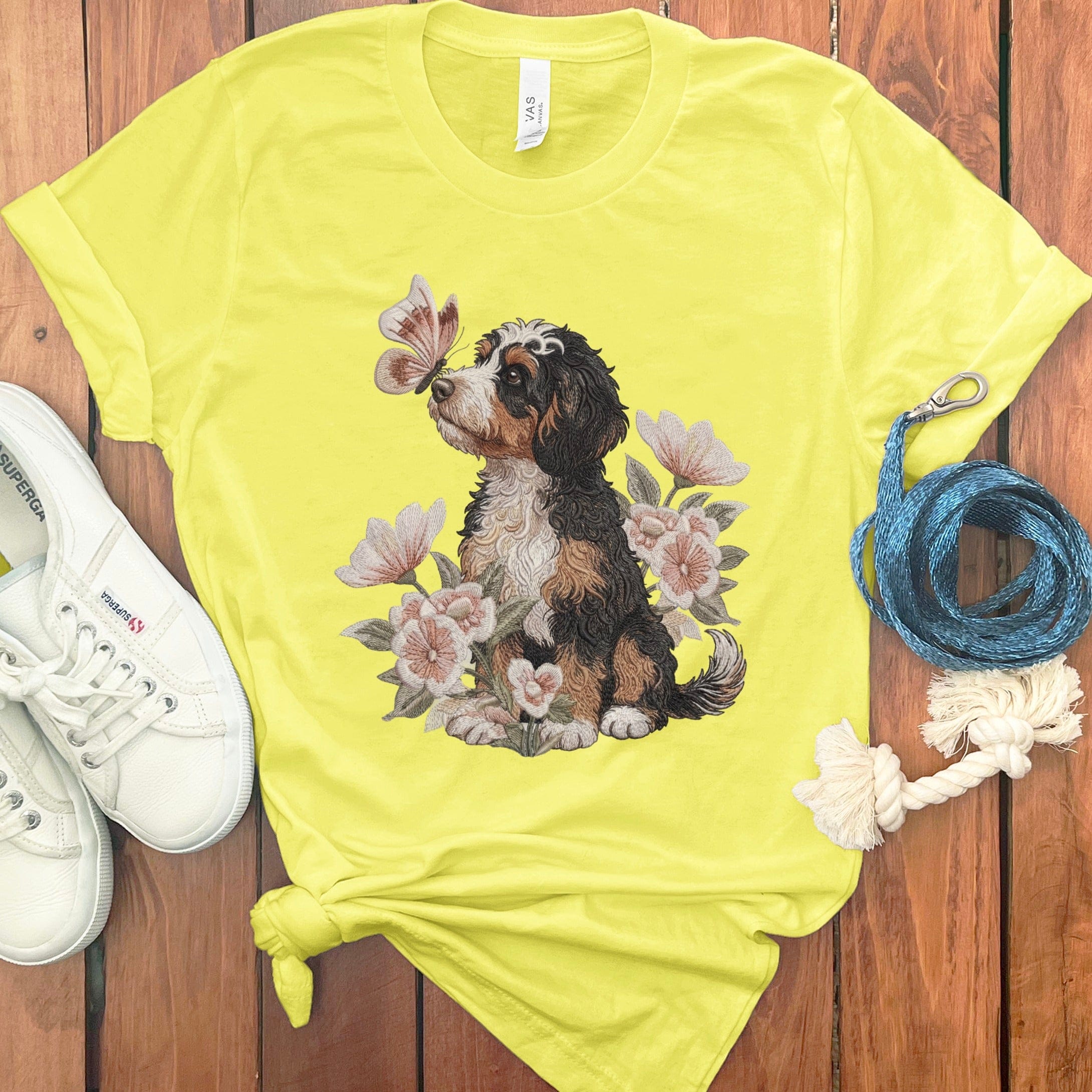 Bernedoodle Butterfly Kiss T-Shirt in Yellow / M by Puppy Jo