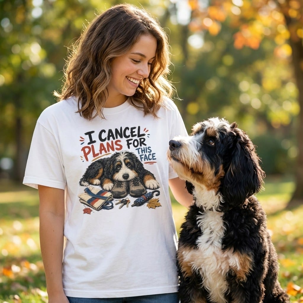 Bernedoodle Cancel Plans Signature T-Shirt in by Puppy Jo